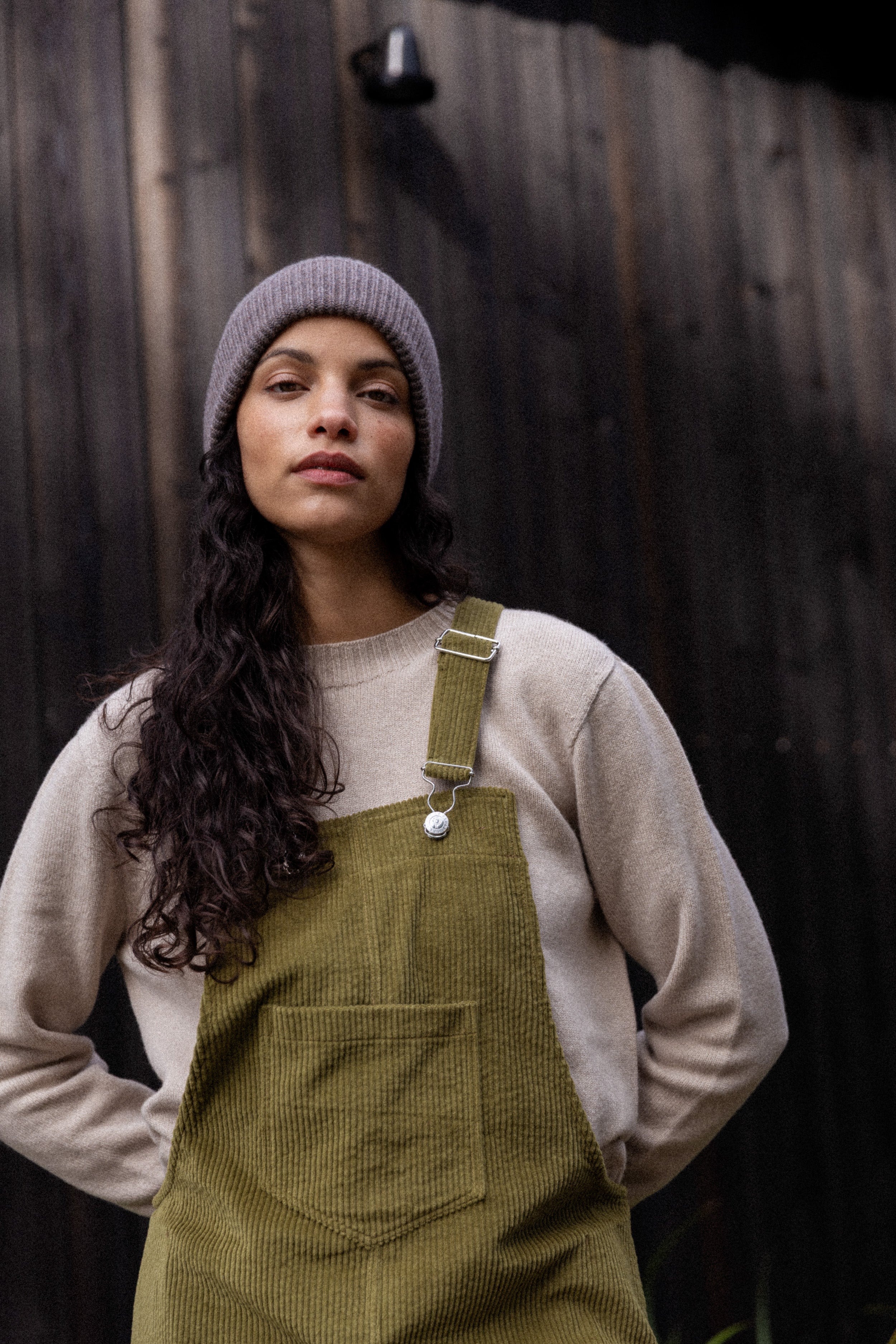 Robe salopette velours olive