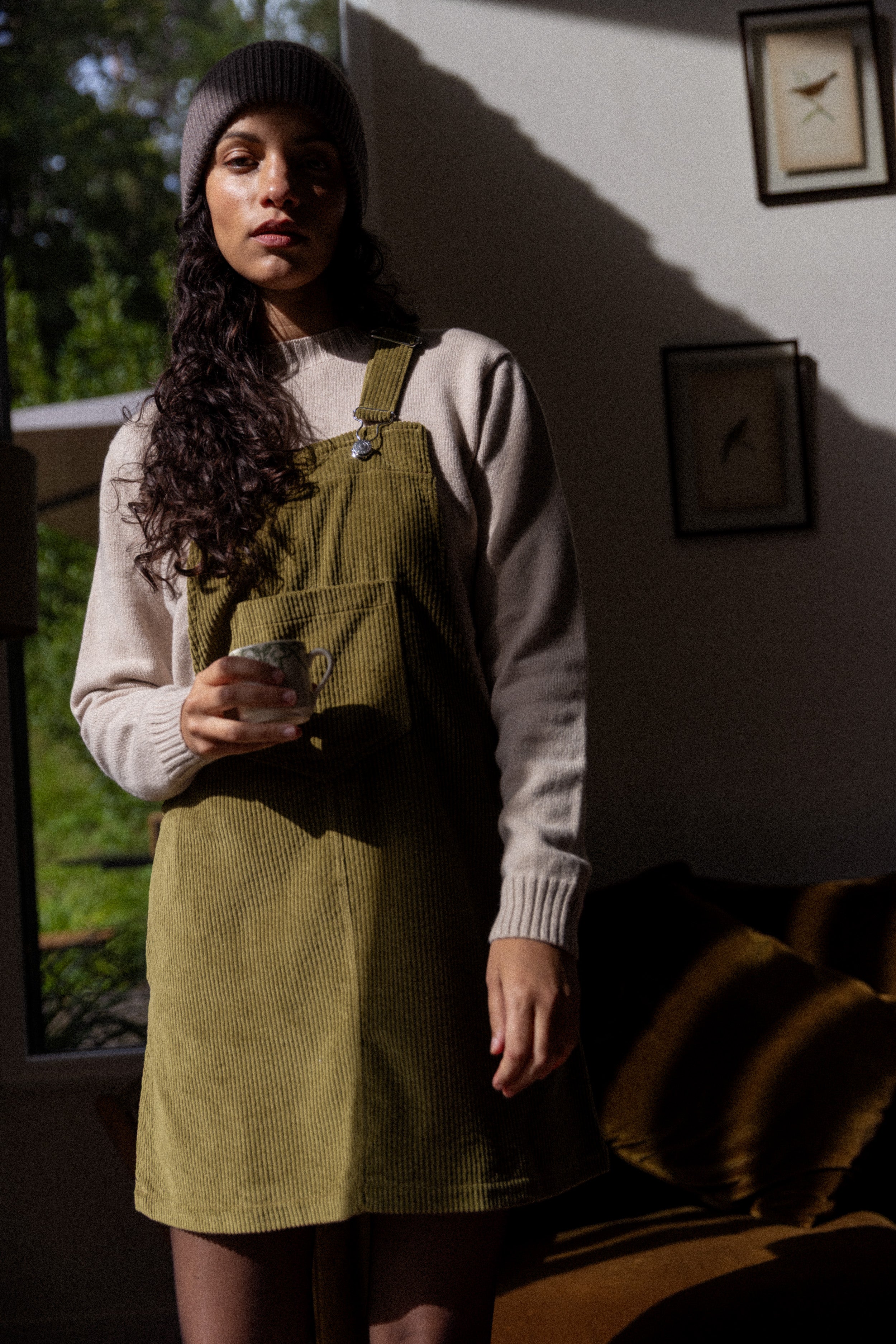 Robe salopette velours olive