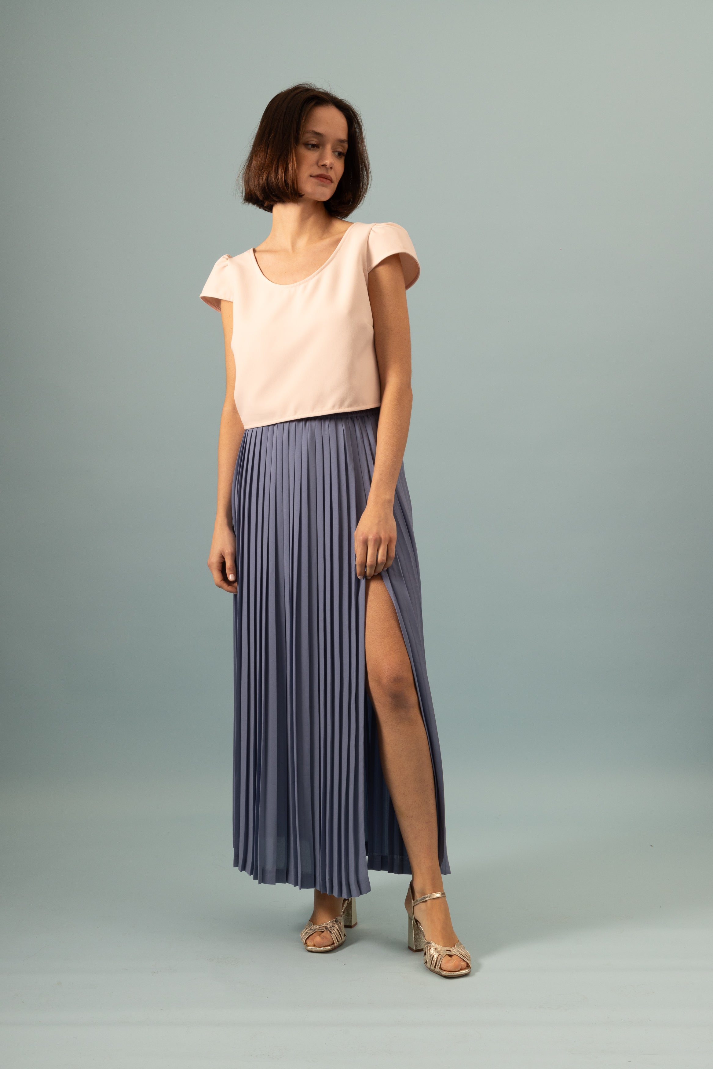 Jupe plissée longue fendue orage