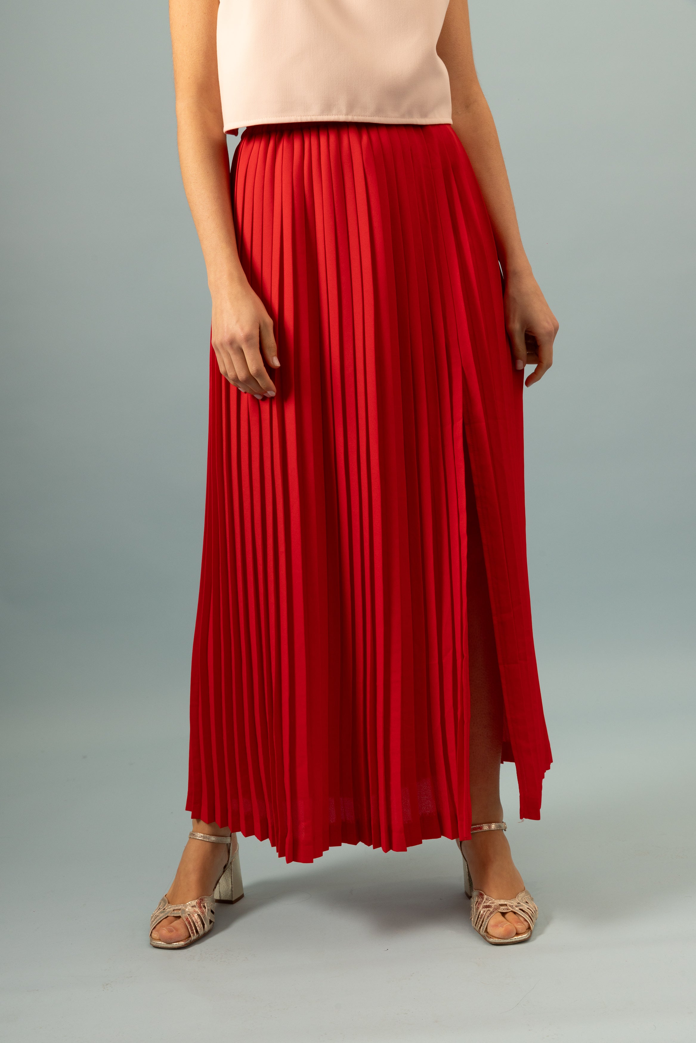 Jupe plissée longue fendue coquelicot