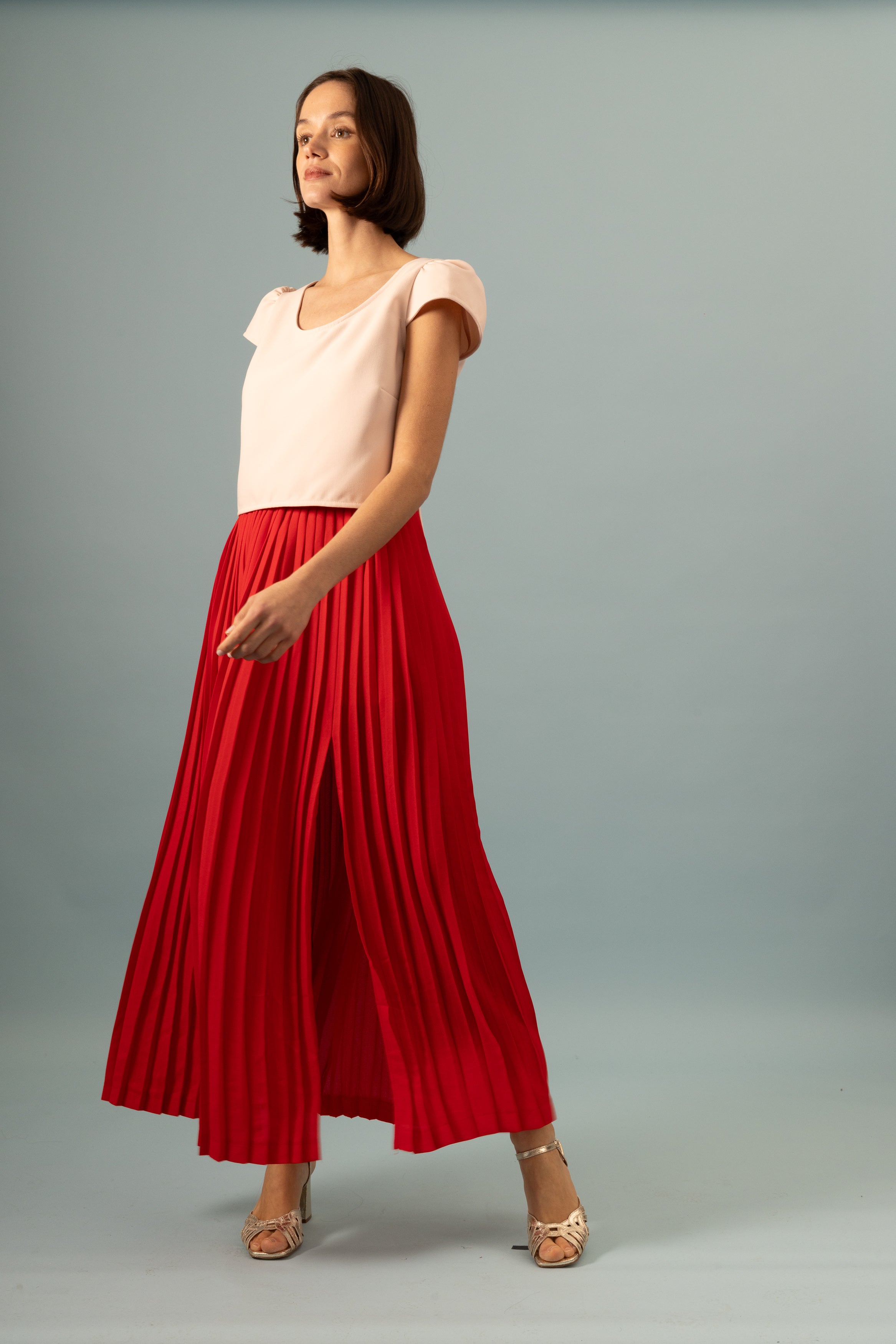 Jupe plissée longue fendue coquelicot