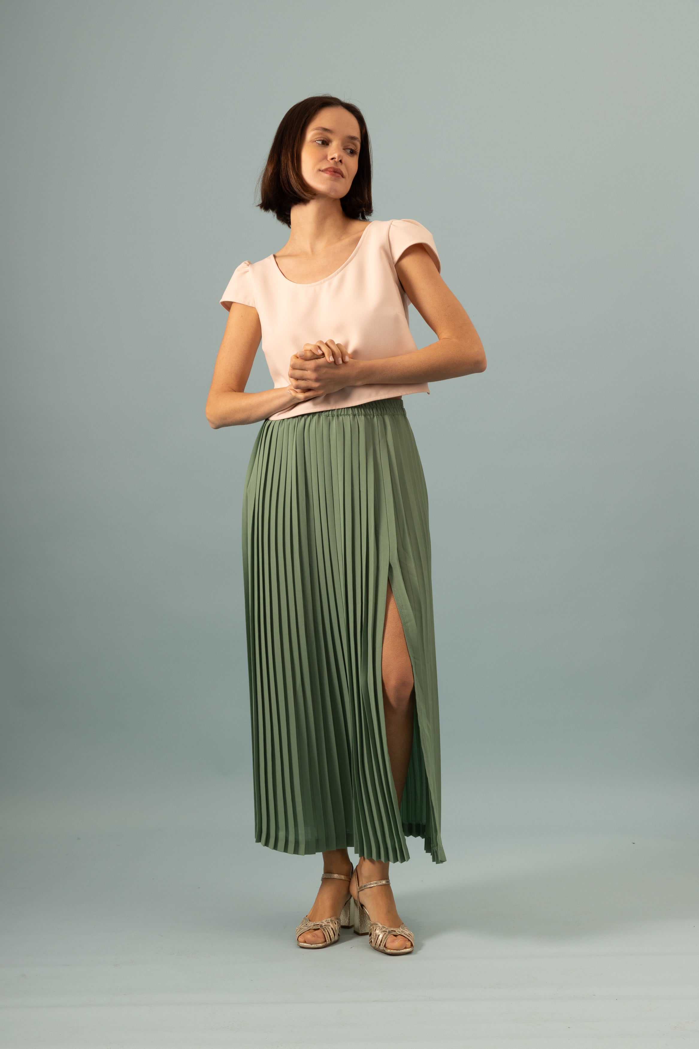 Jupe plissée longue fendue tilleul