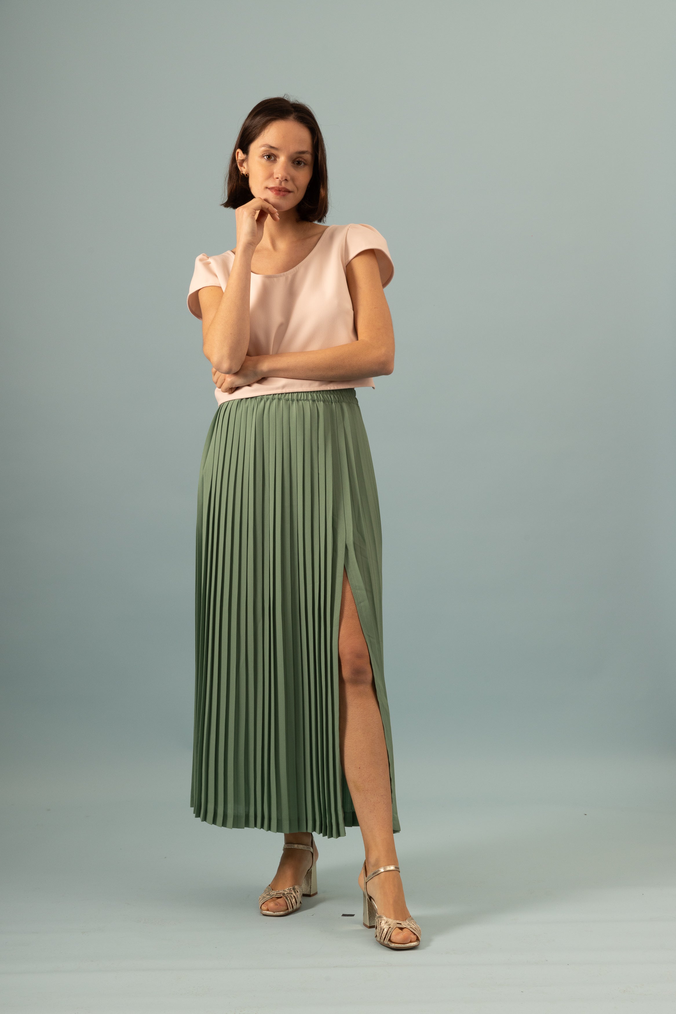 Jupe plissée longue fendue tilleul