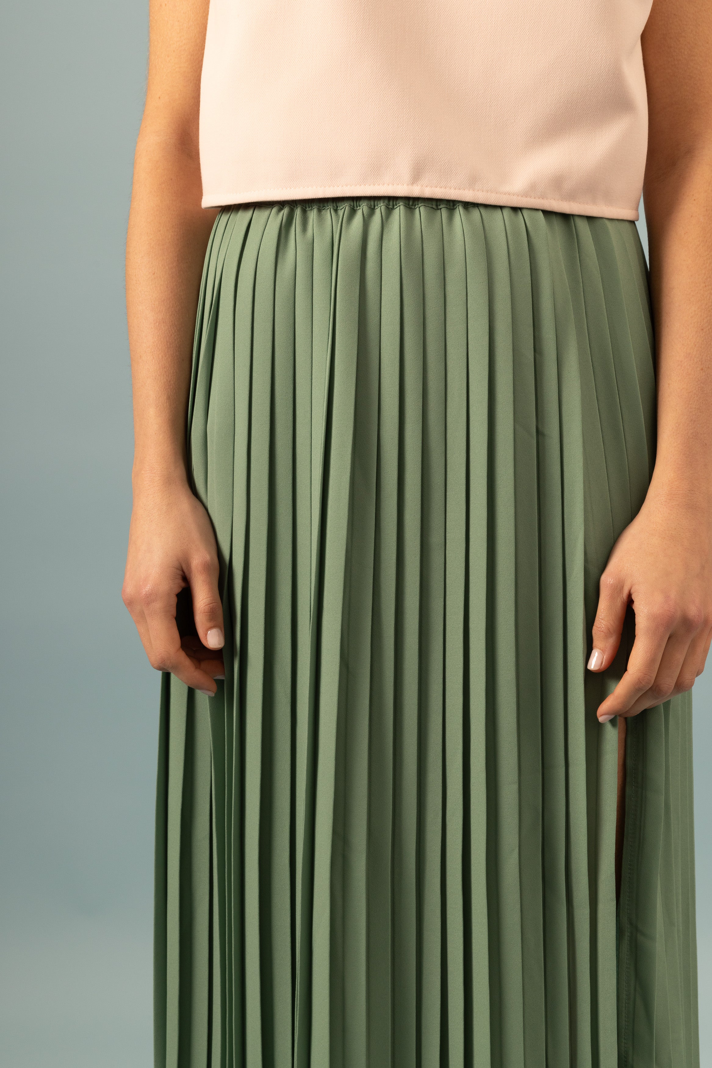 Jupe plissée longue fendue tilleul