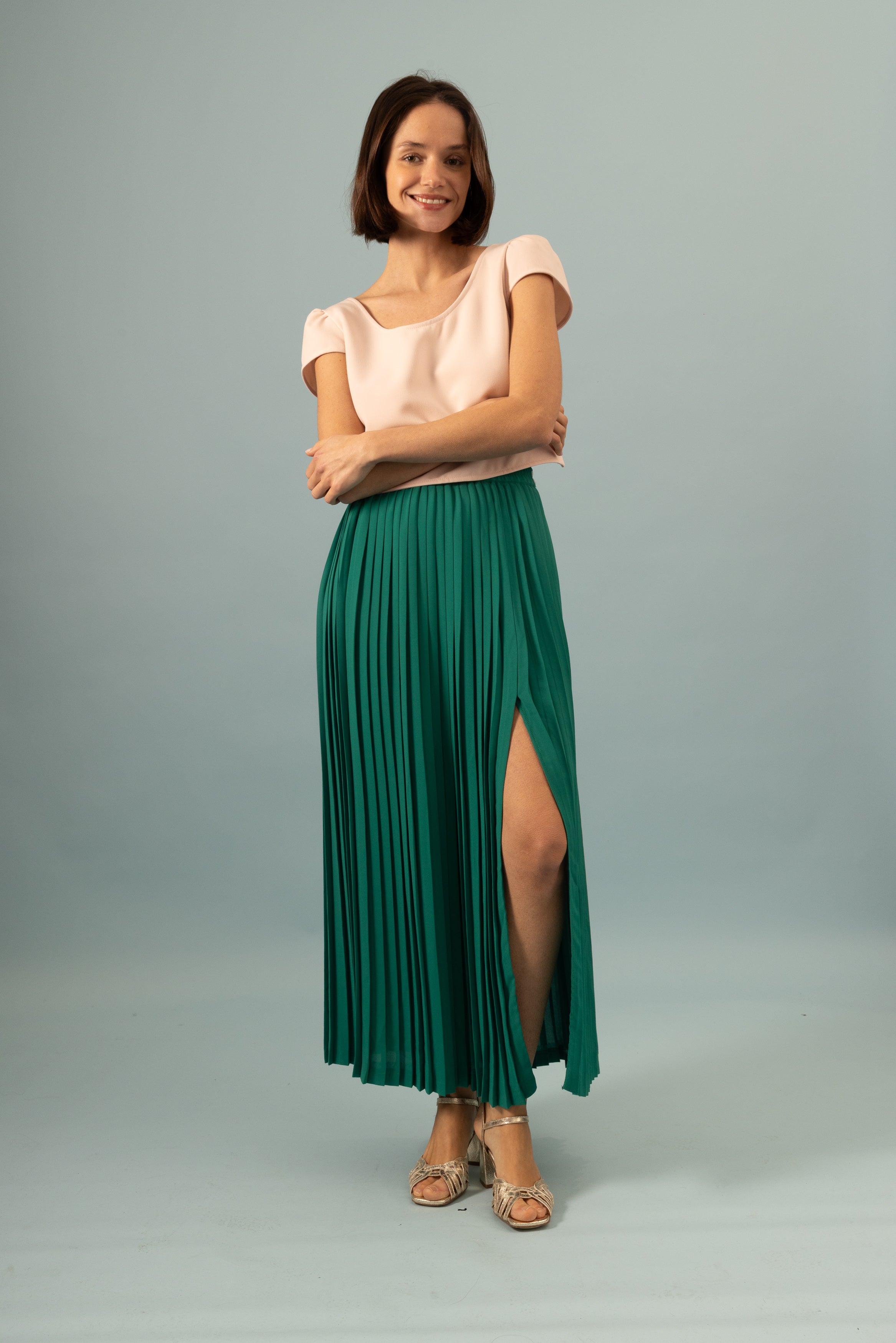 Jupe plissée longue fendue absinthe