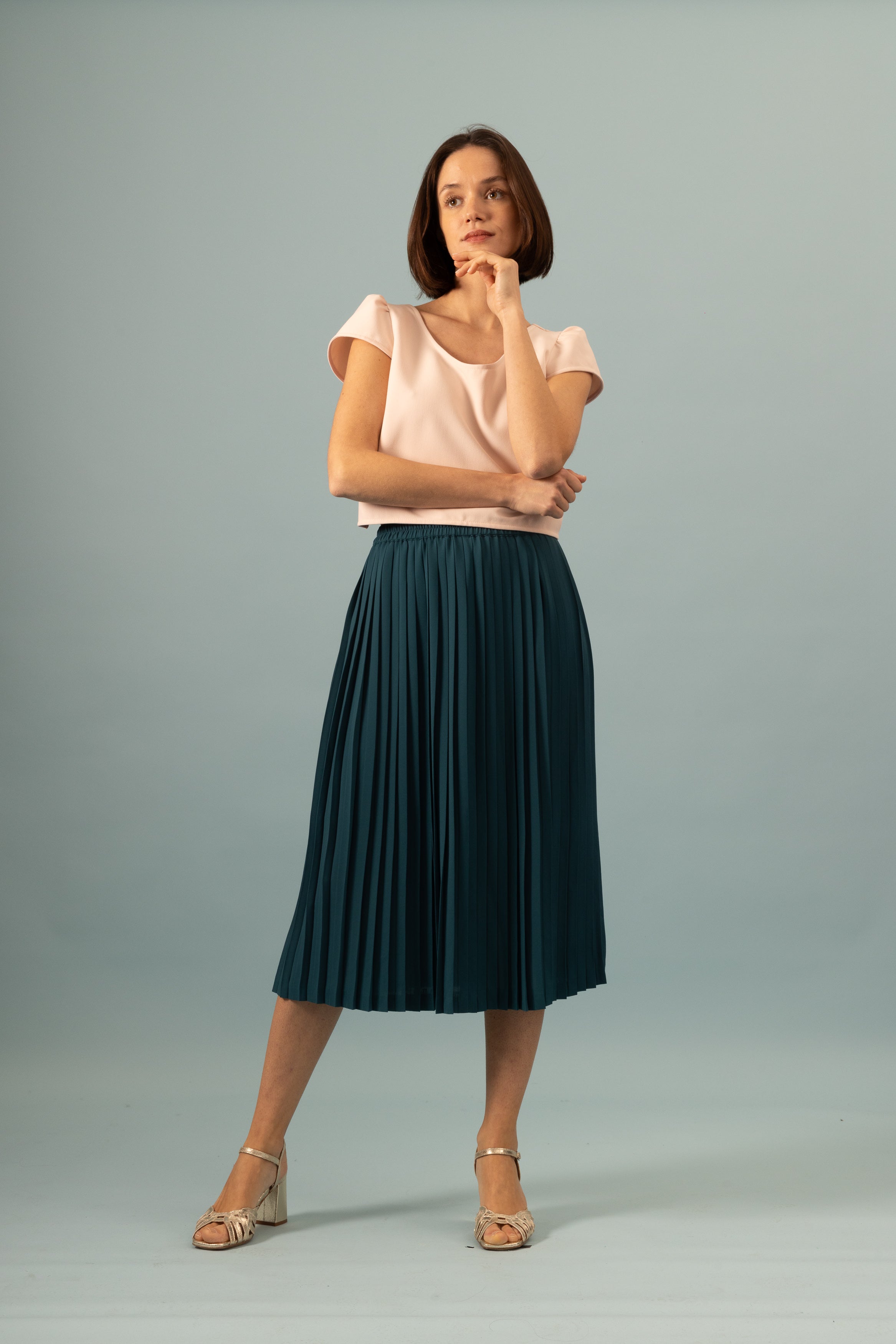 Jupe plissée midi bleu canard