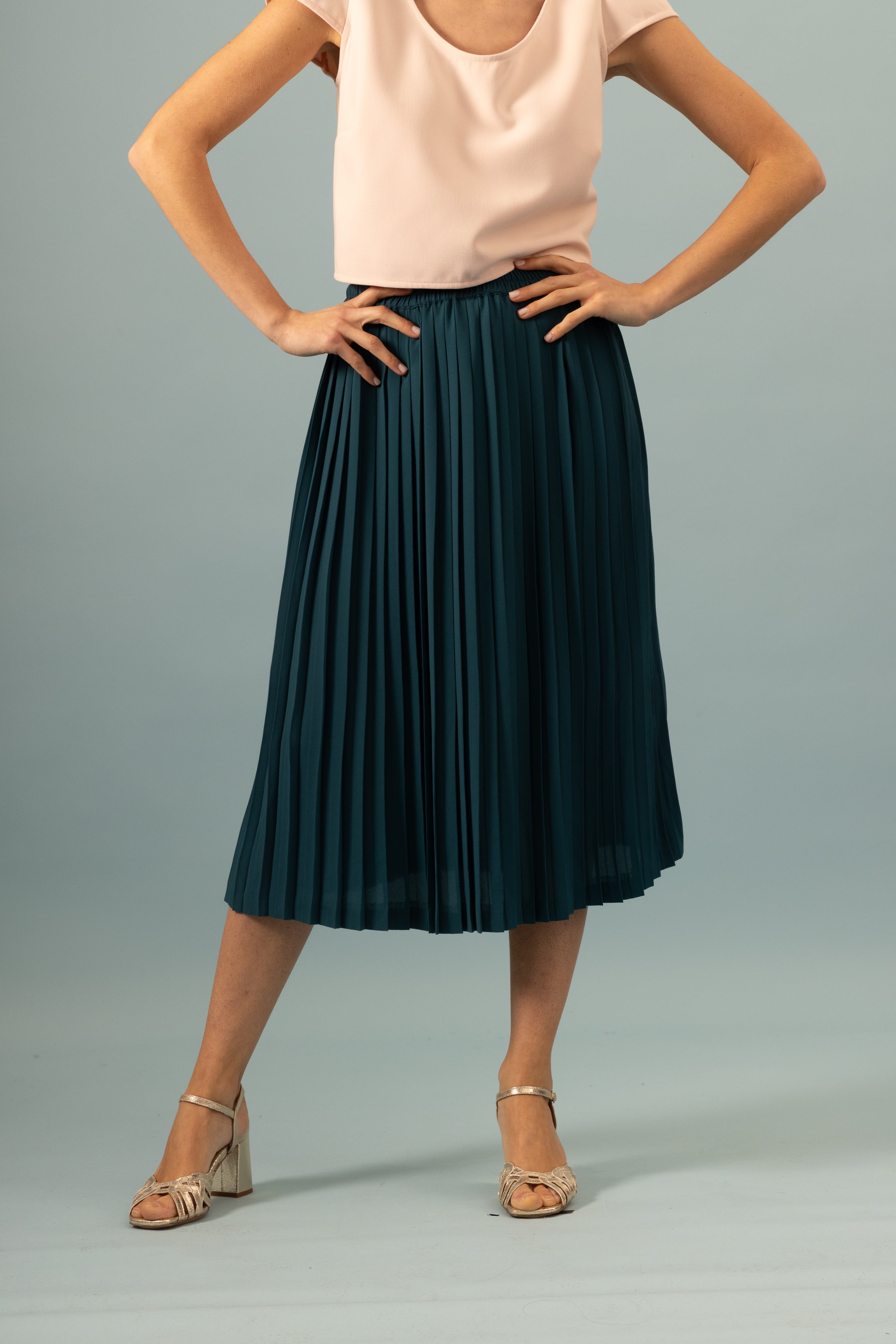Jupe plissée midi bleu canard