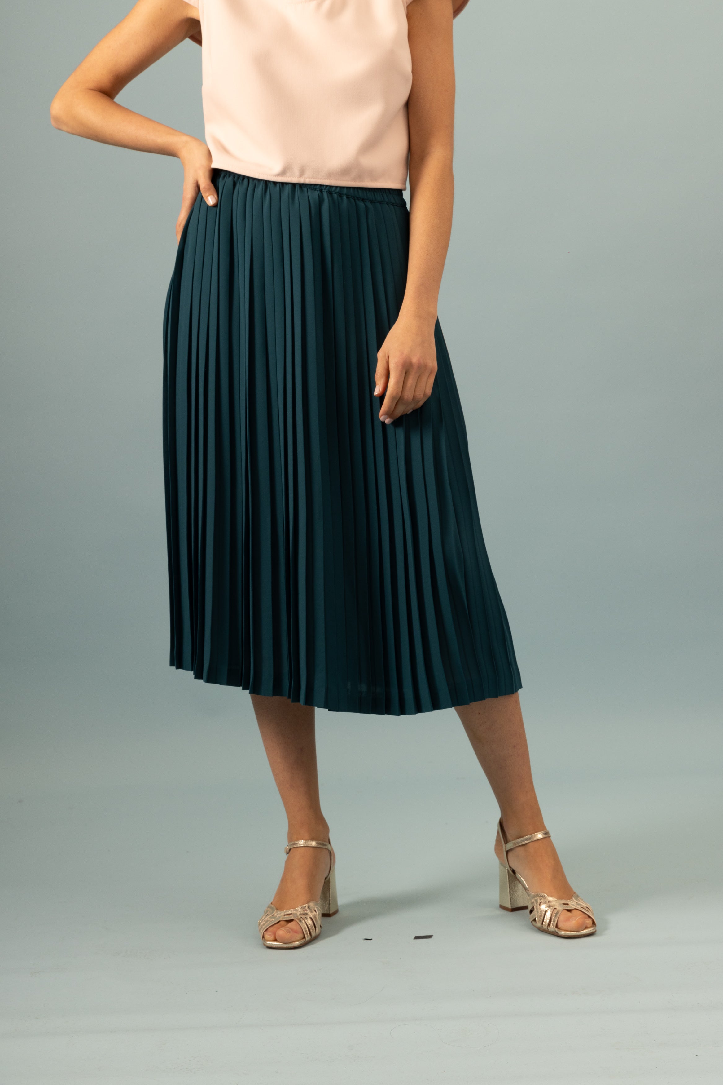 Jupe plissée midi bleu canard