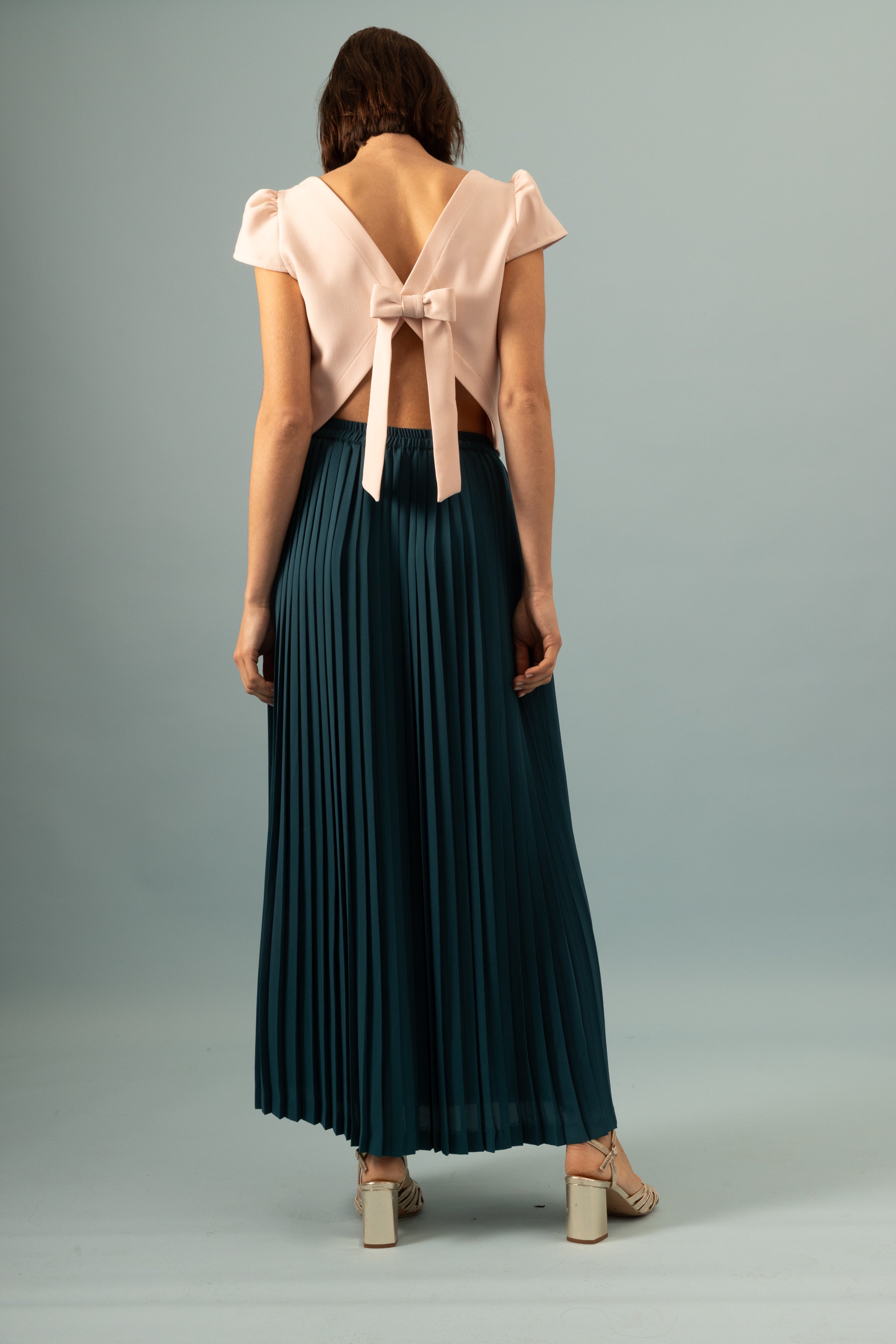 Jupe plissée longue fendue bleu canard