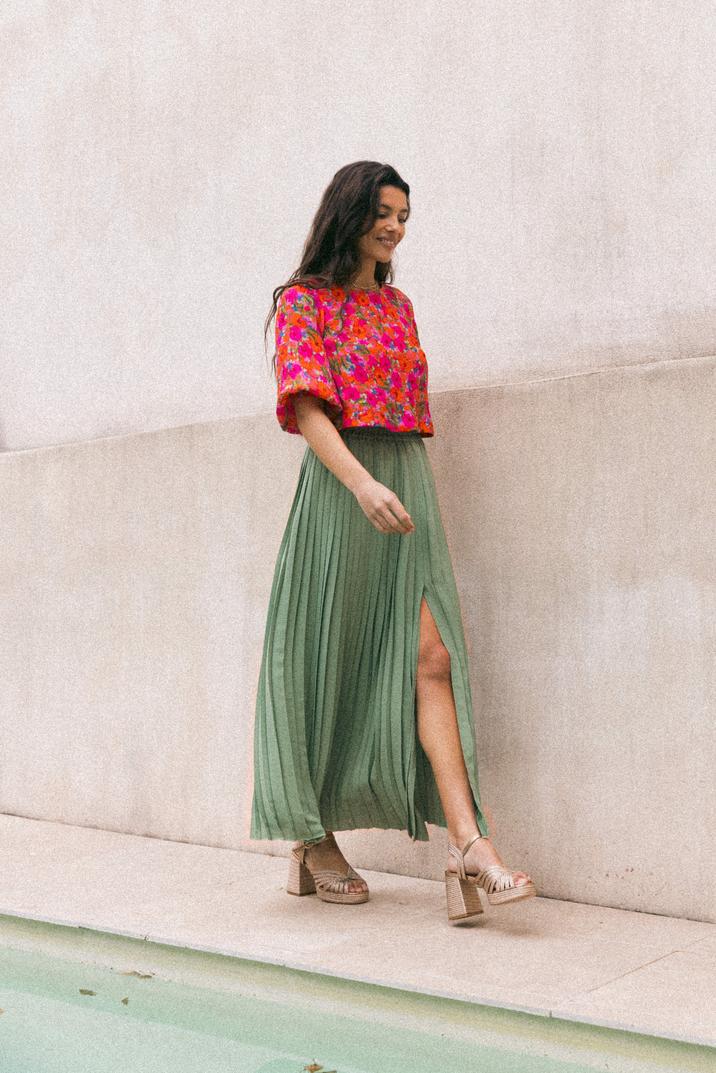 Jupe plissée longue fendue Tilleul