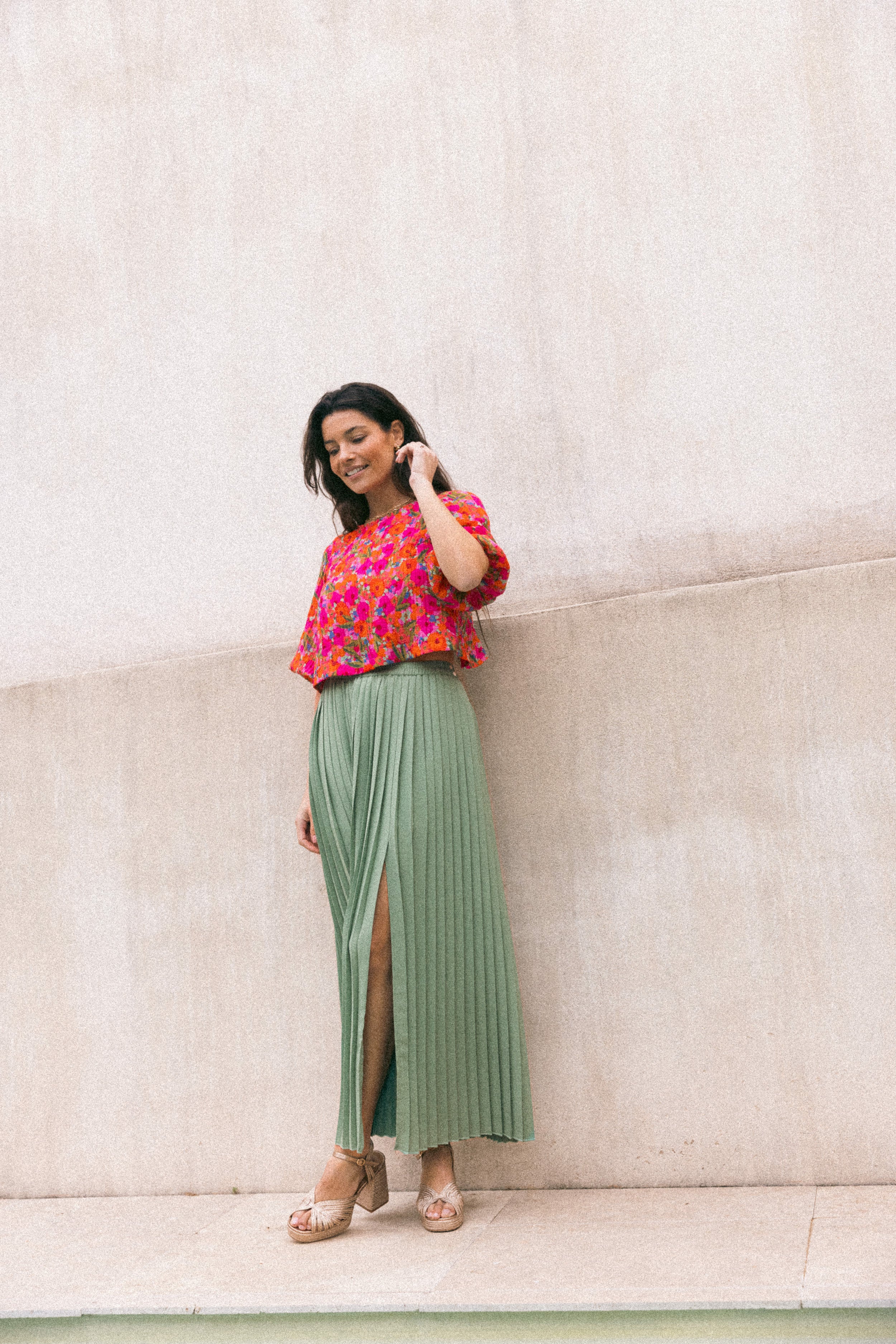 Jupe plissée longue fendue Tilleul