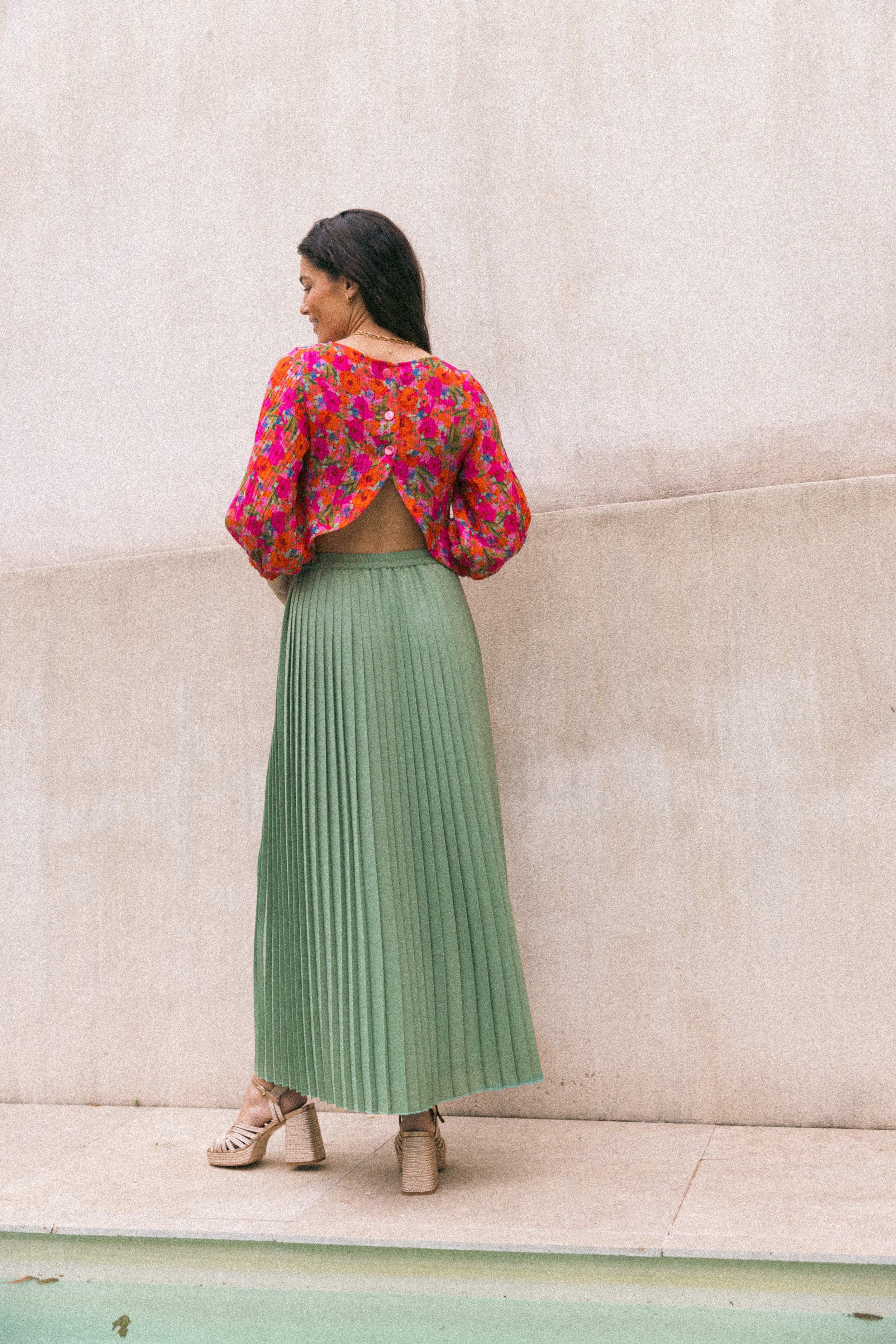 Jupe plissée longue fendue Tilleul