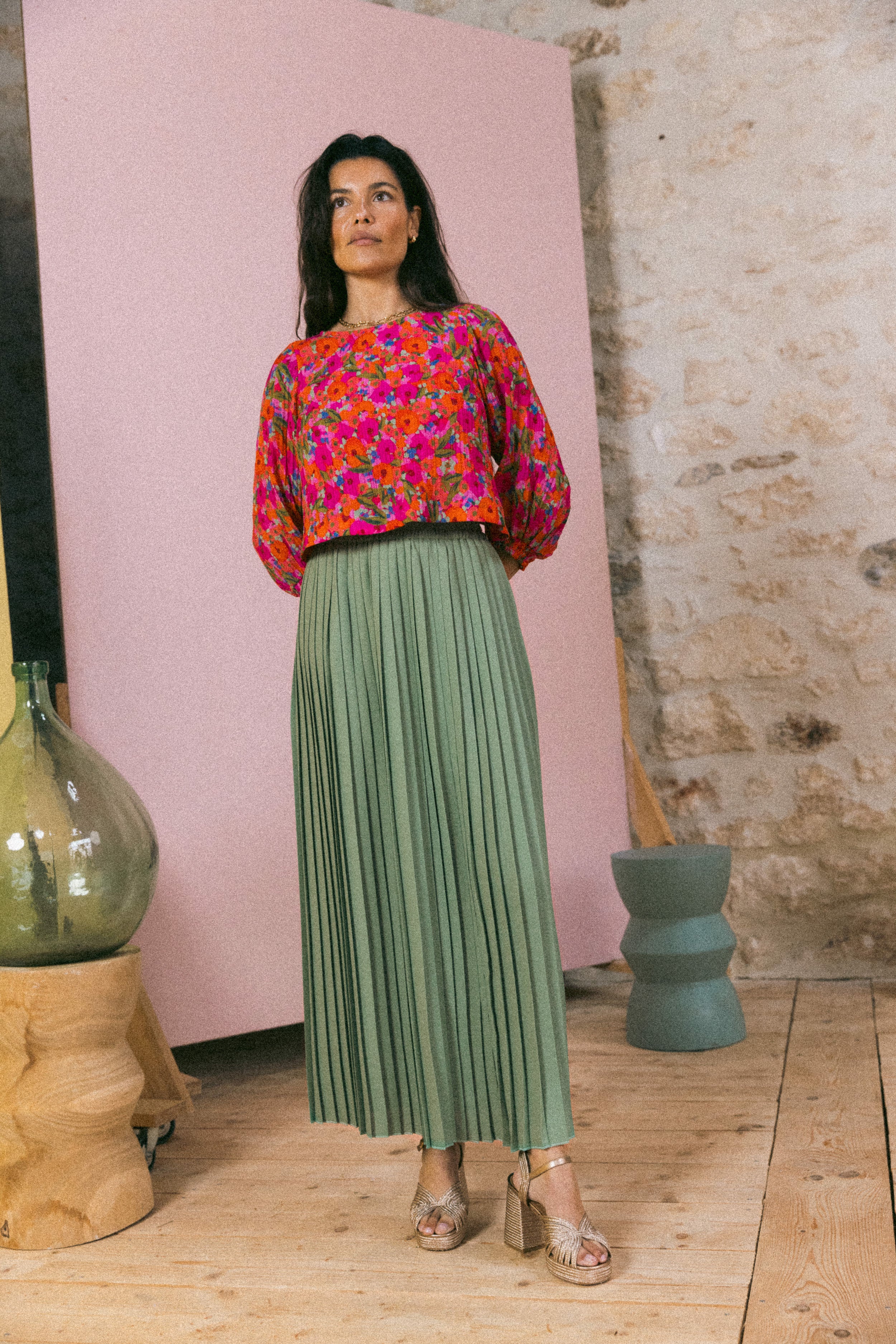 Jupe plissée longue fendue Tilleul