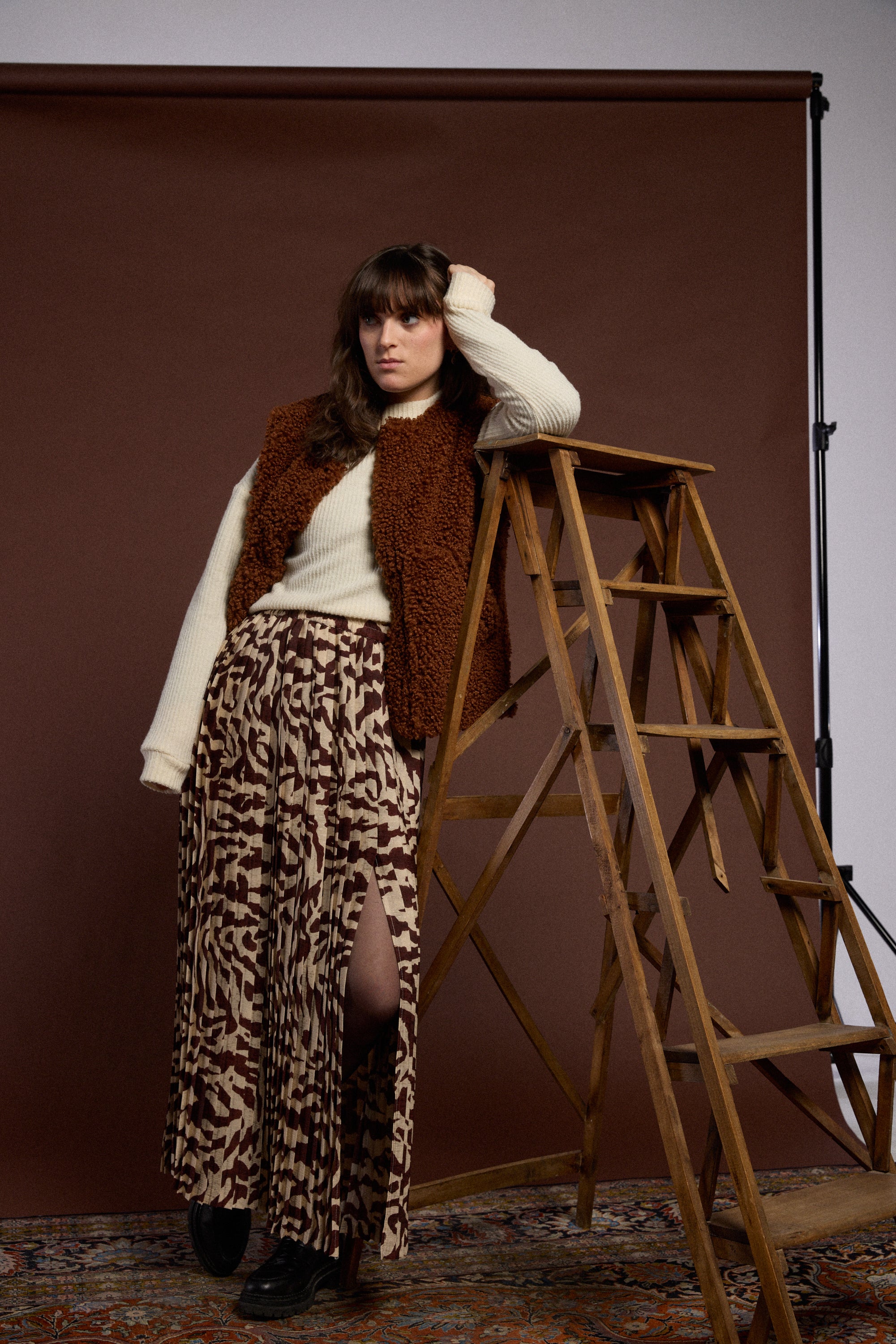 Jupe plissée longue fendue zebra