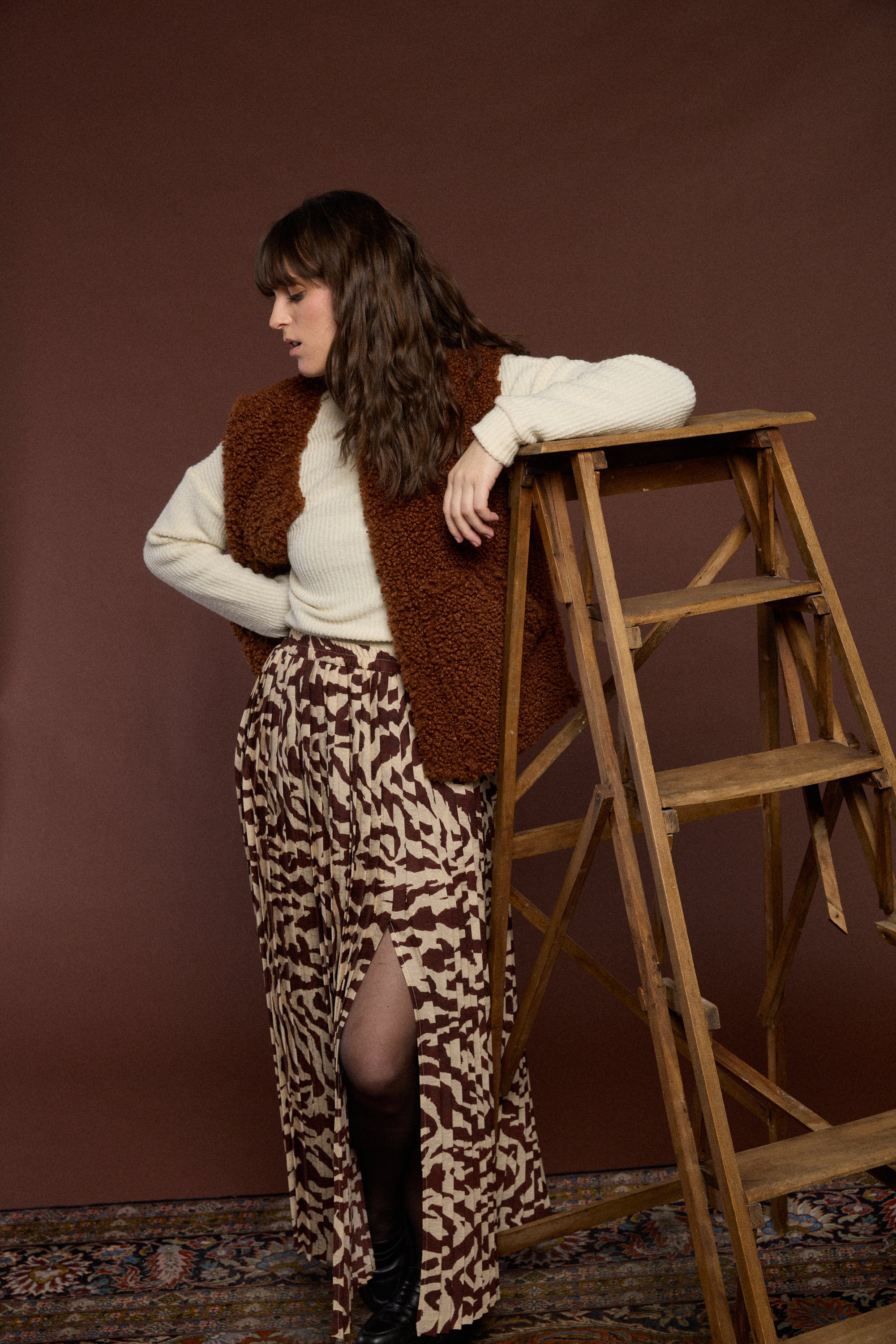 Jupe plissée longue fendue zebra