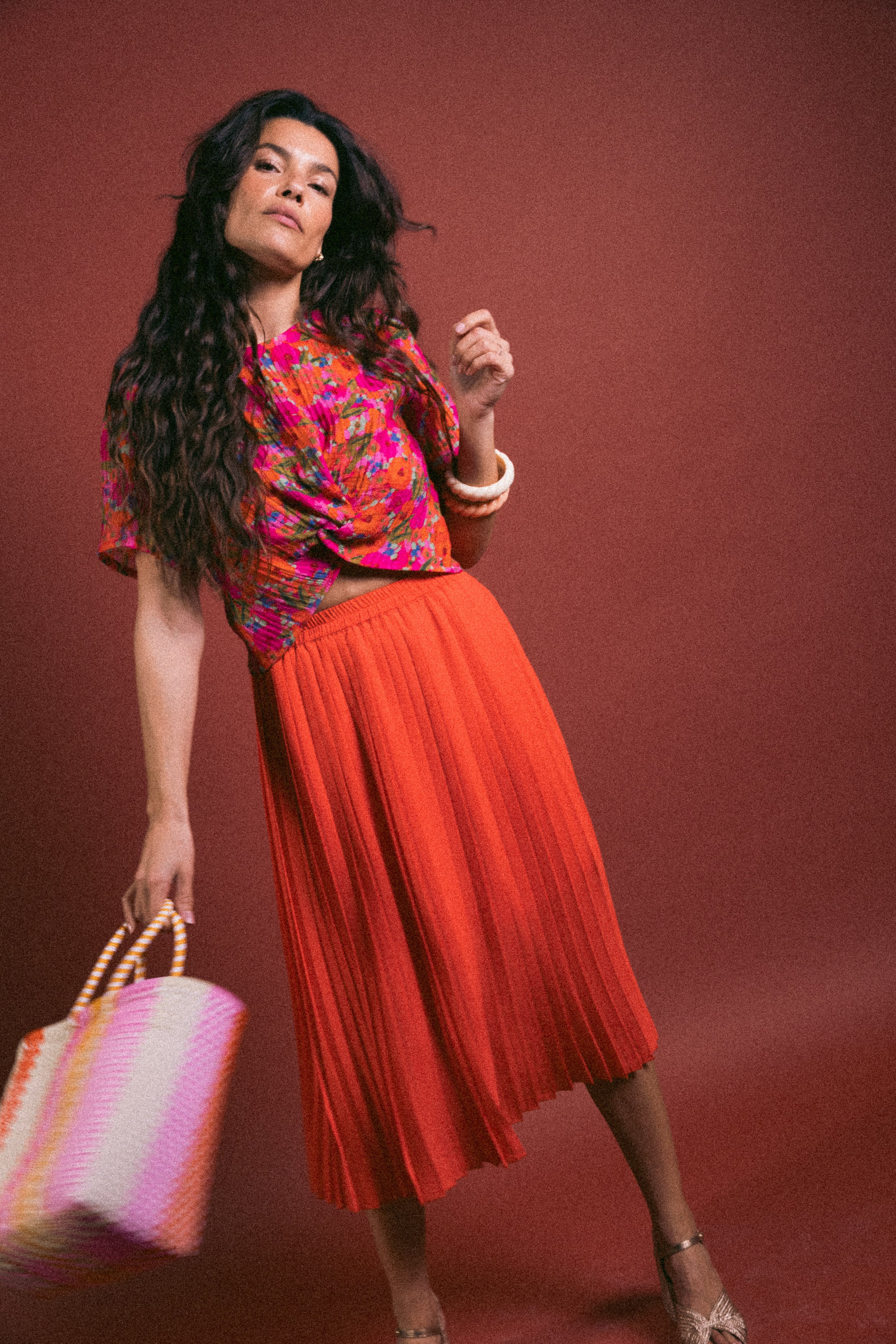 Jupe plissée midi Corail