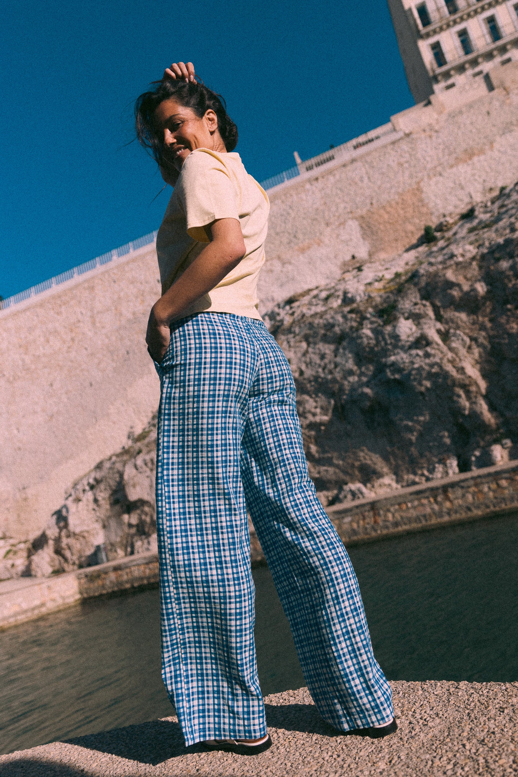 Pantalon ample vichy bleu