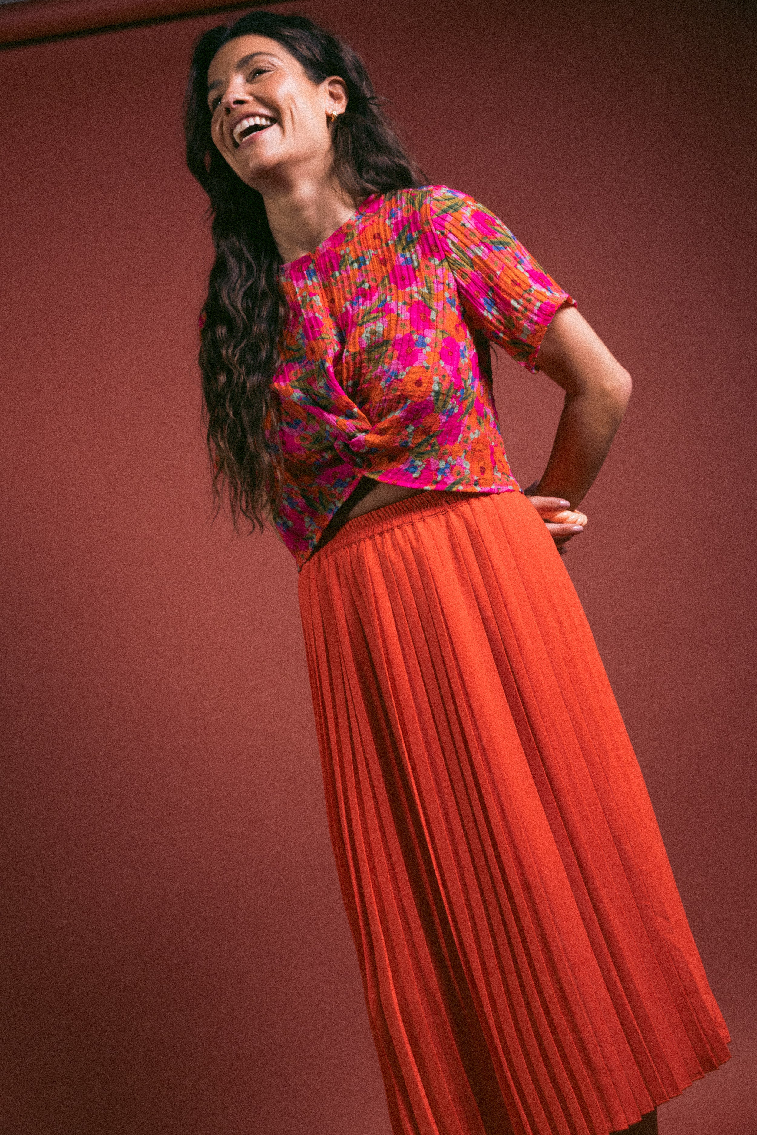 Jupe plissée midi Corail