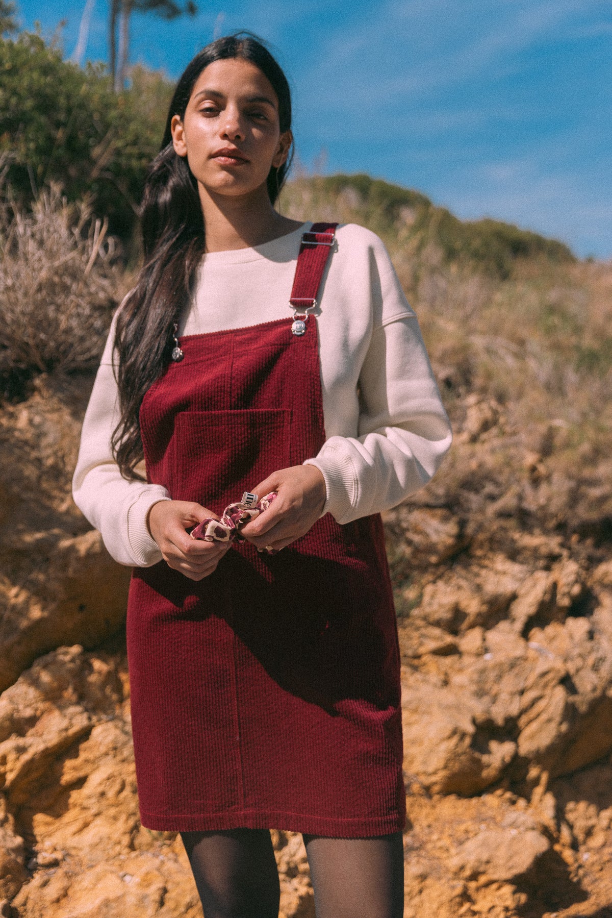 Burgundy velvet dungaree dress