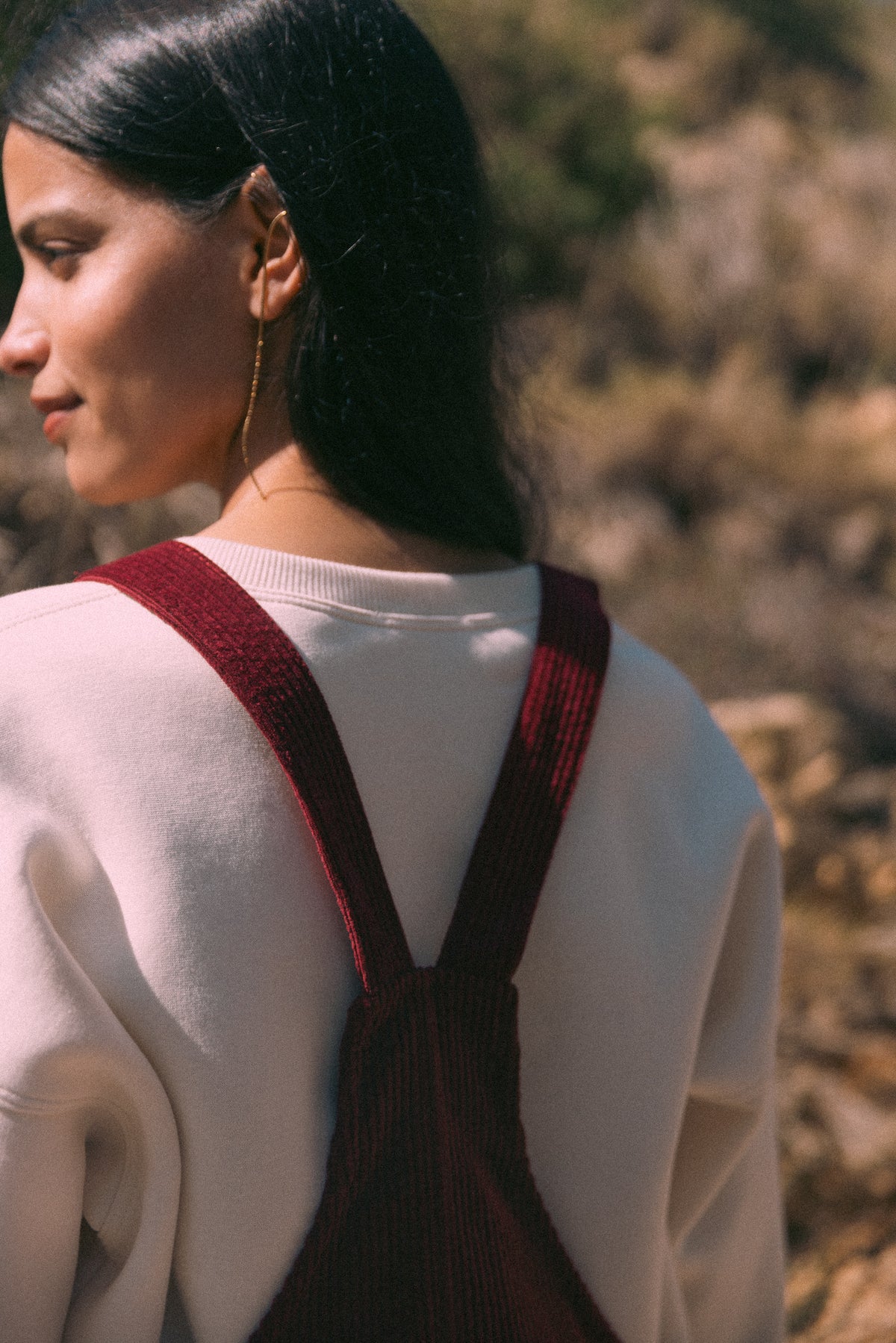 Burgundy velvet dungaree dress
