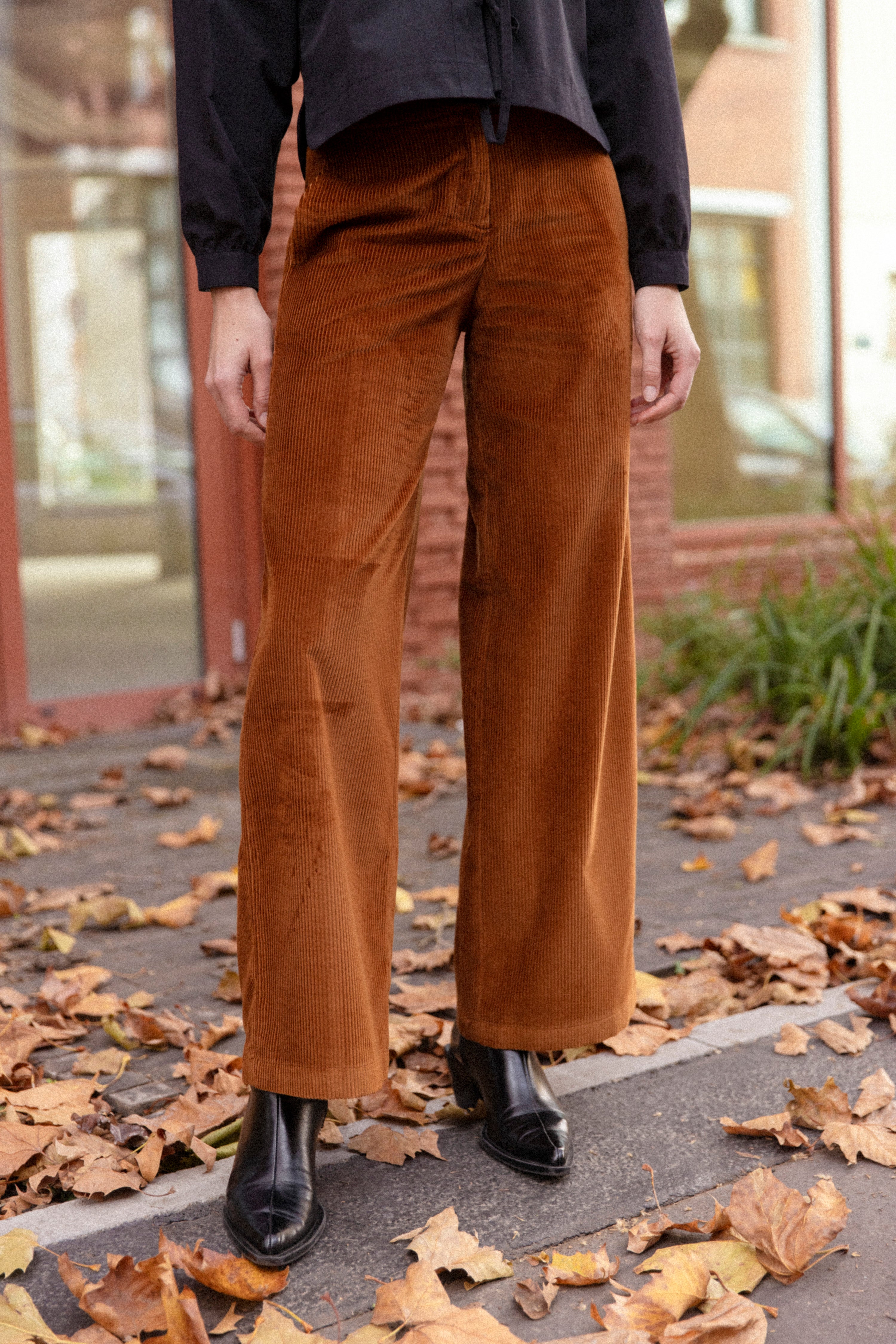 Wide-leg toffee velvet trousers