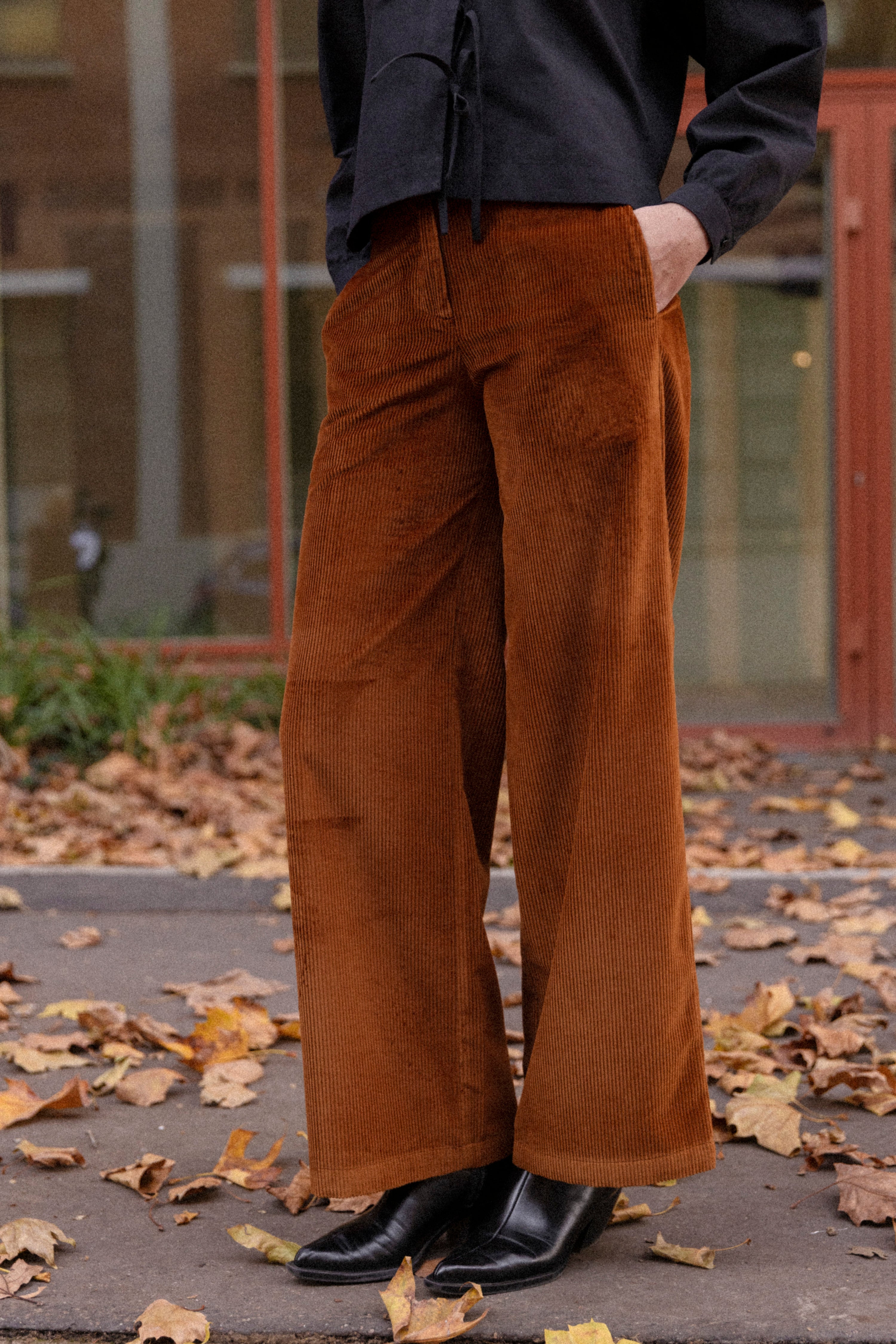 Wide-leg toffee velvet trousers
