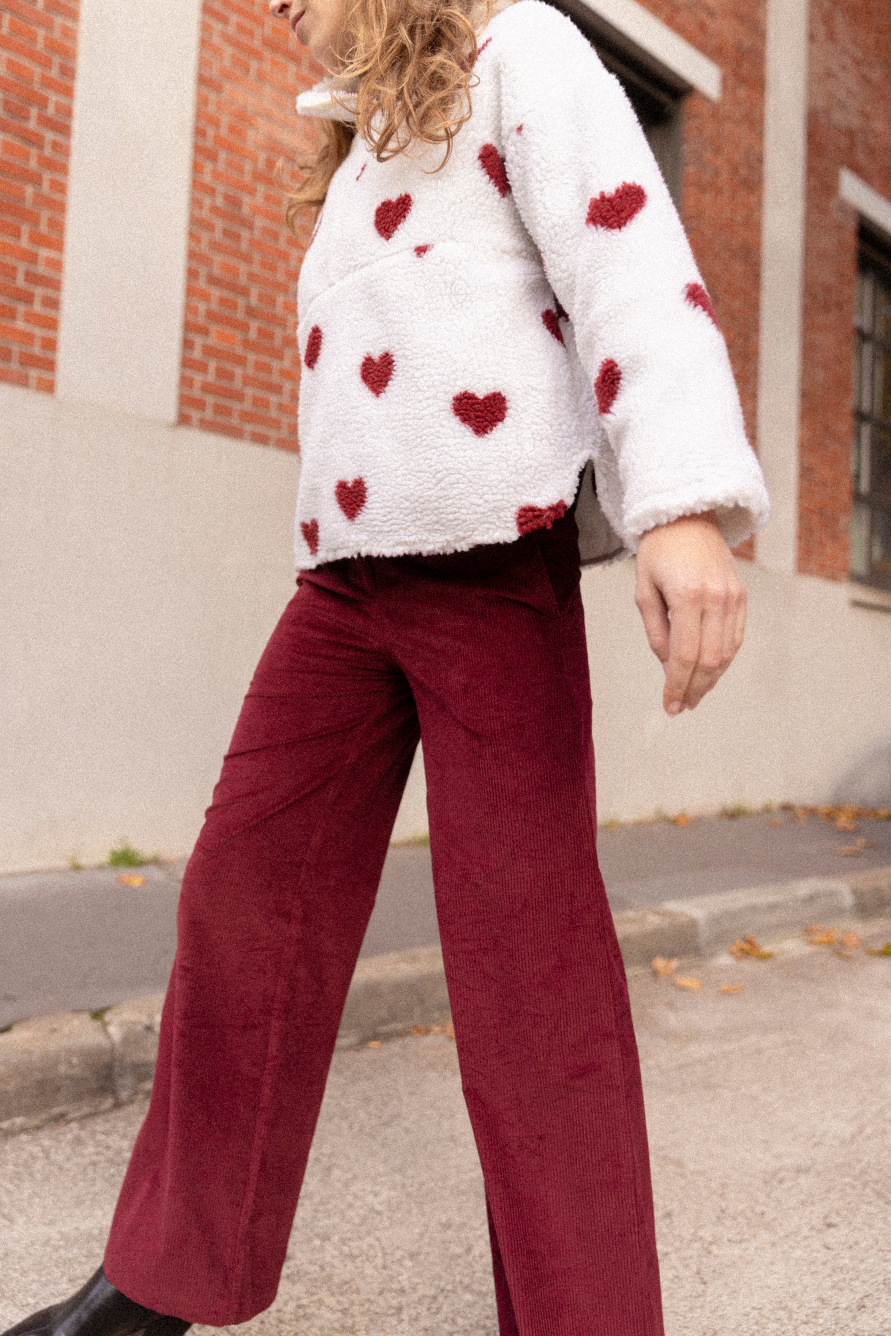 Wide-legged burgundy velvet trousers