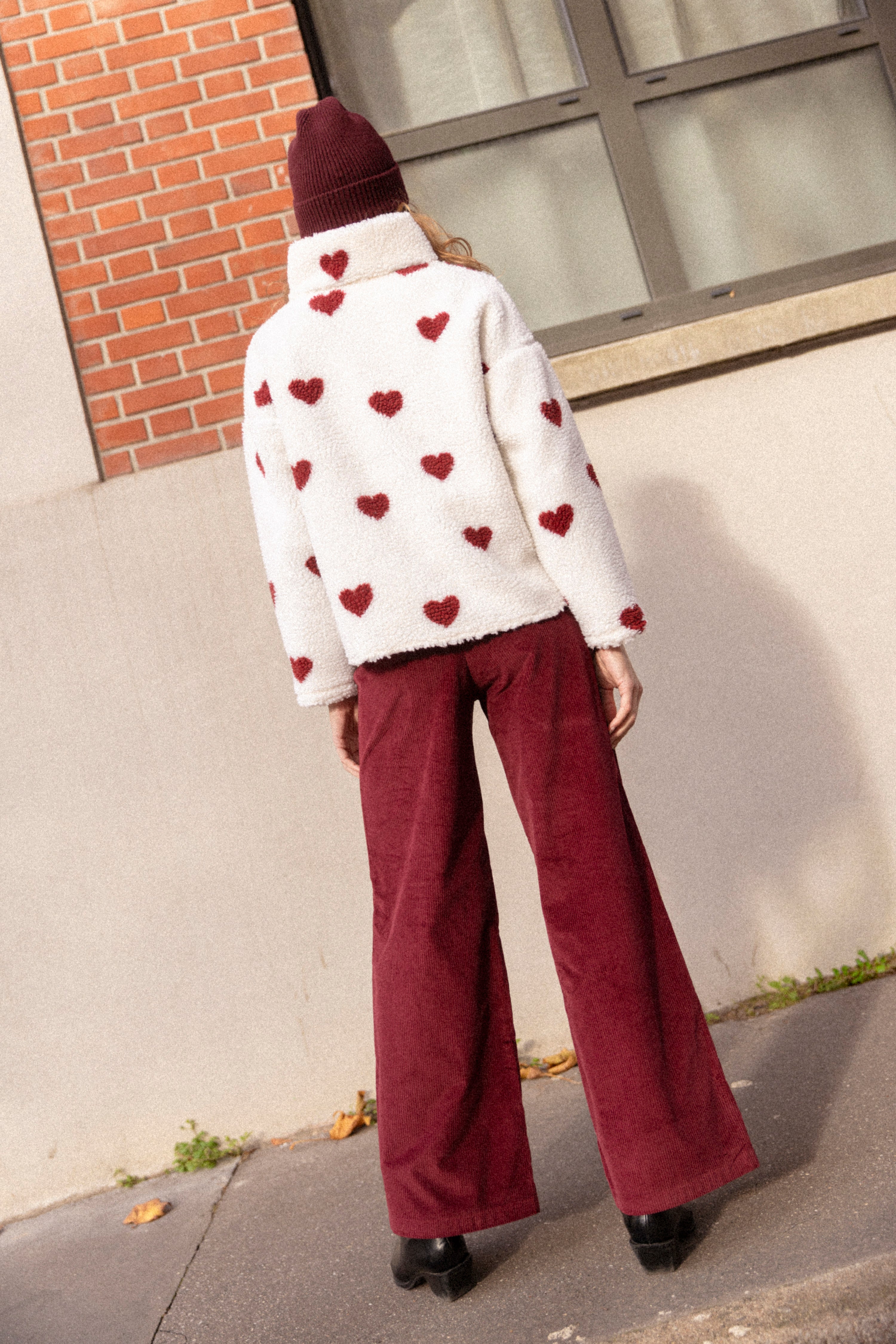 Wide-legged burgundy velvet trousers