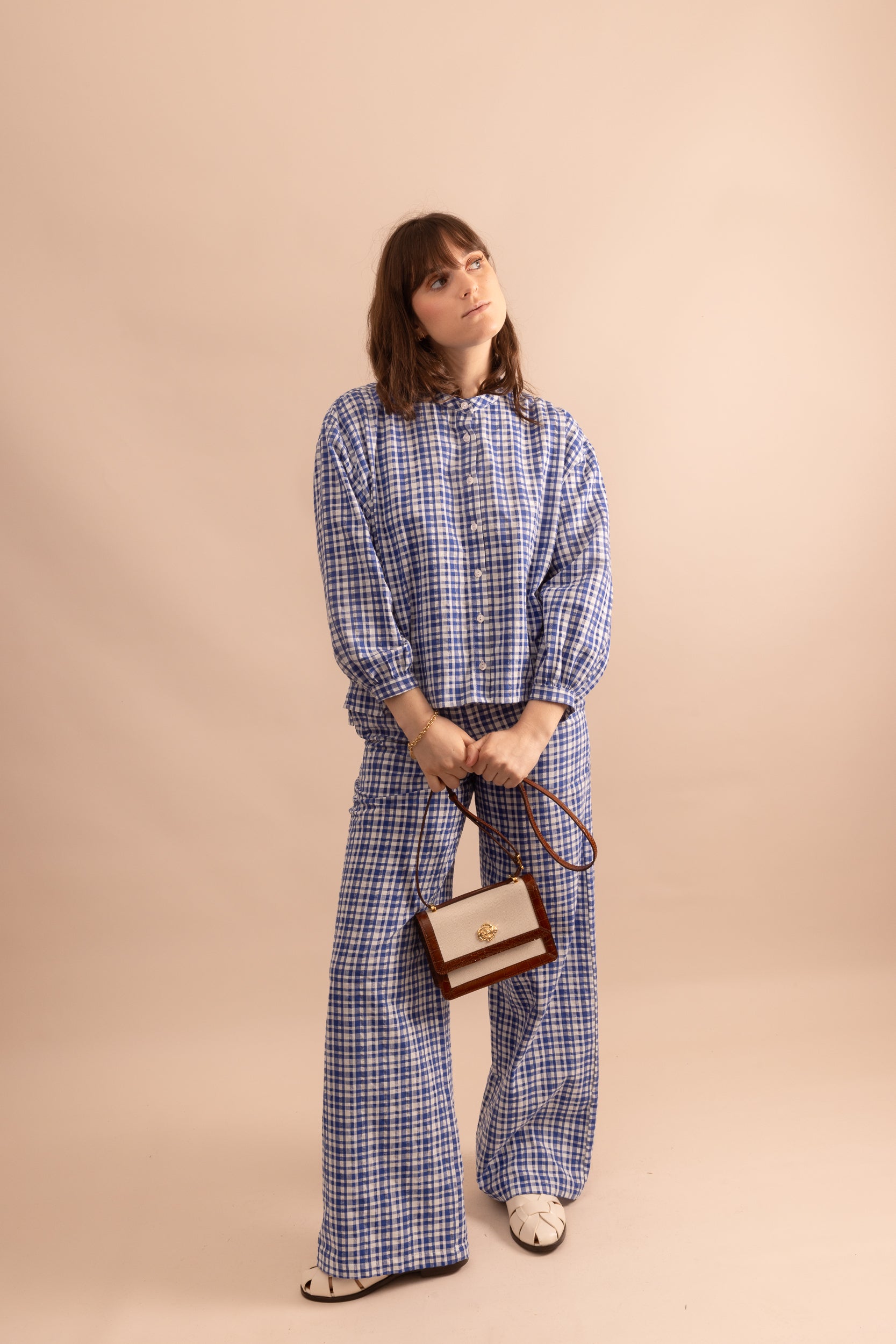 Blue gingham mandarin collar blouse