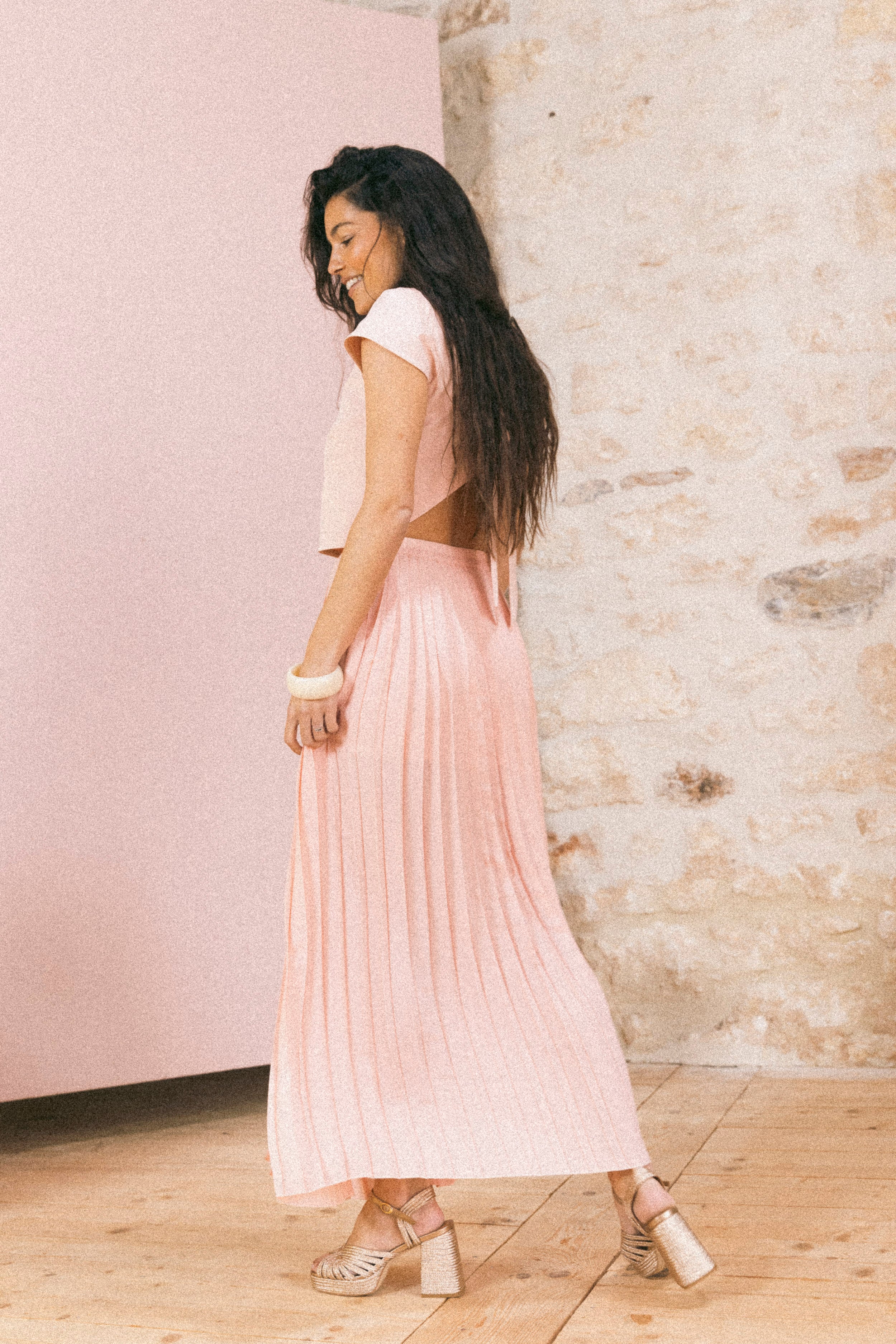 Jupe plissée longue fendue Rose poudré