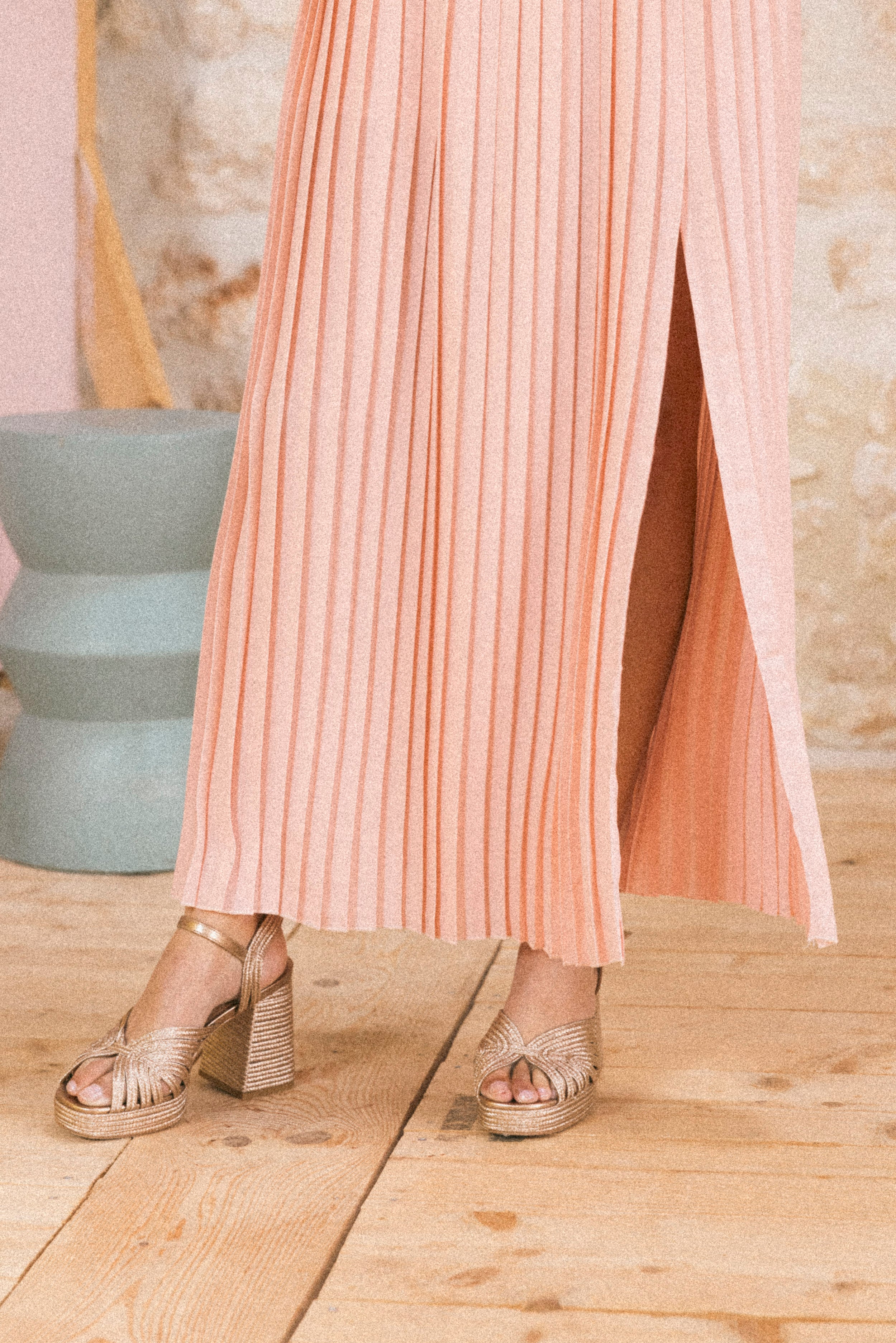 Jupe plissée longue fendue Rose poudré