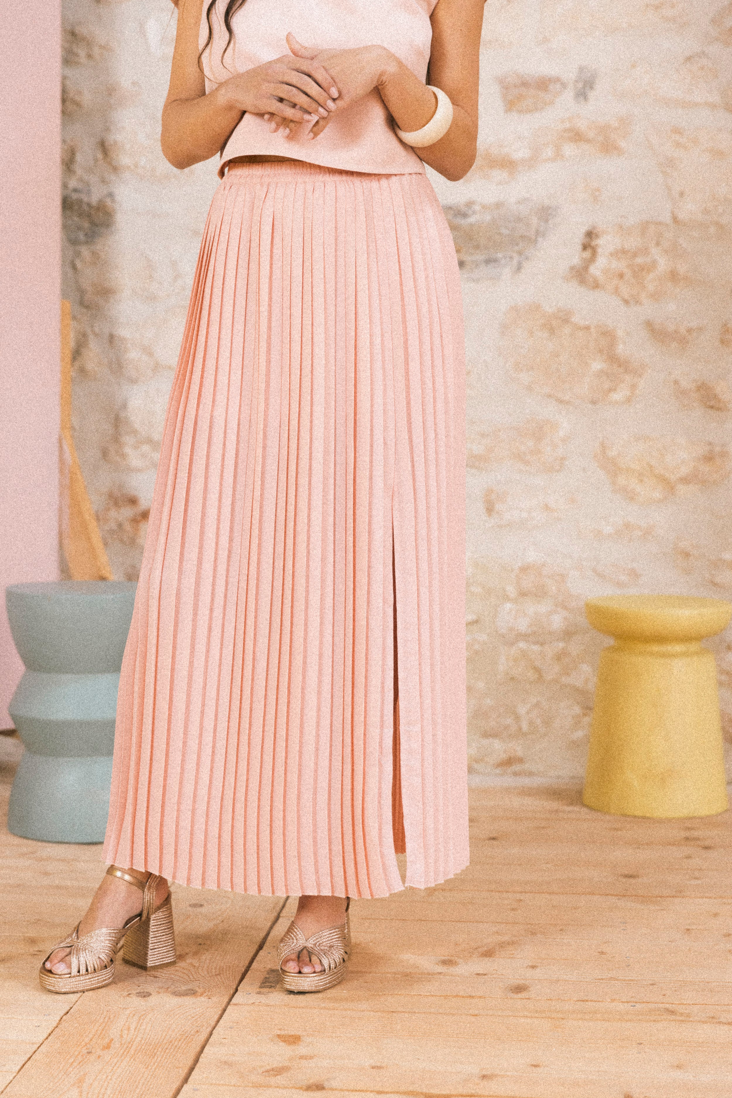 Jupe plissée longue fendue Rose poudré