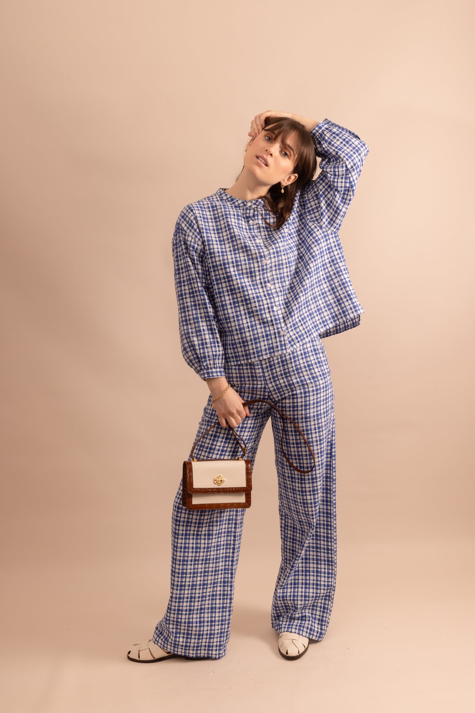 Blue gingham mandarin collar blouse