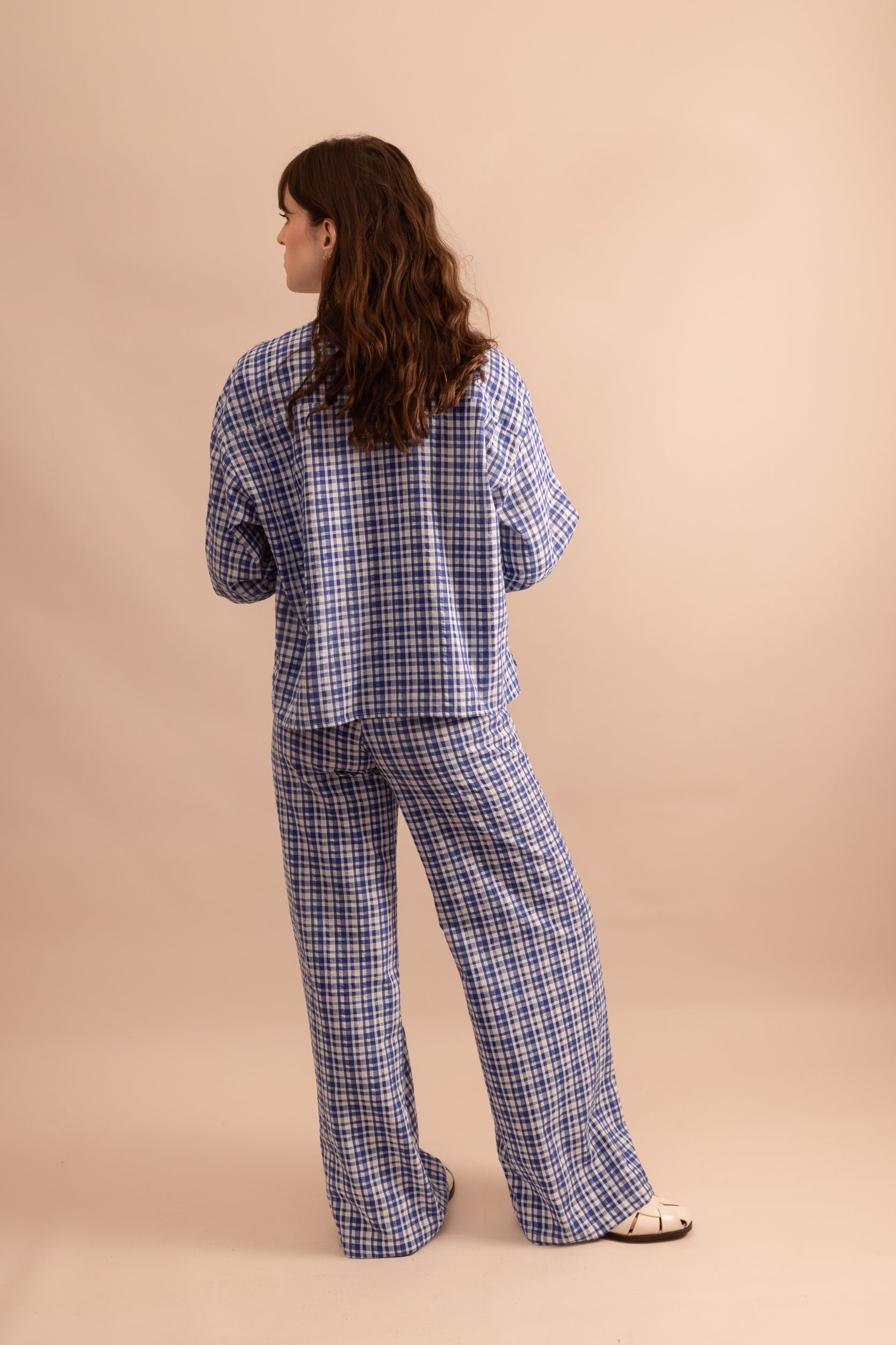 Blue gingham mandarin collar blouse