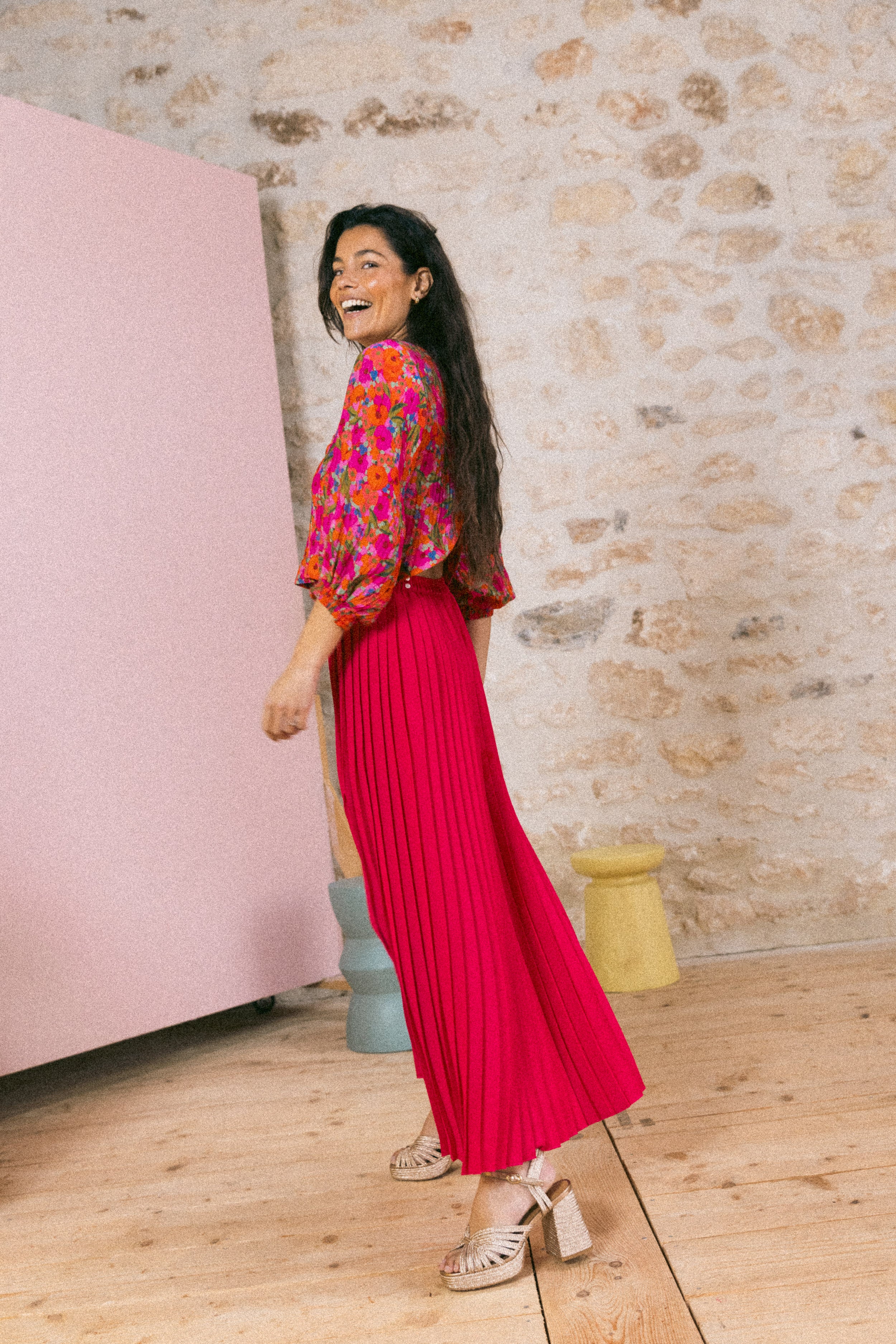 Jupe plissée longue fendue Framboise