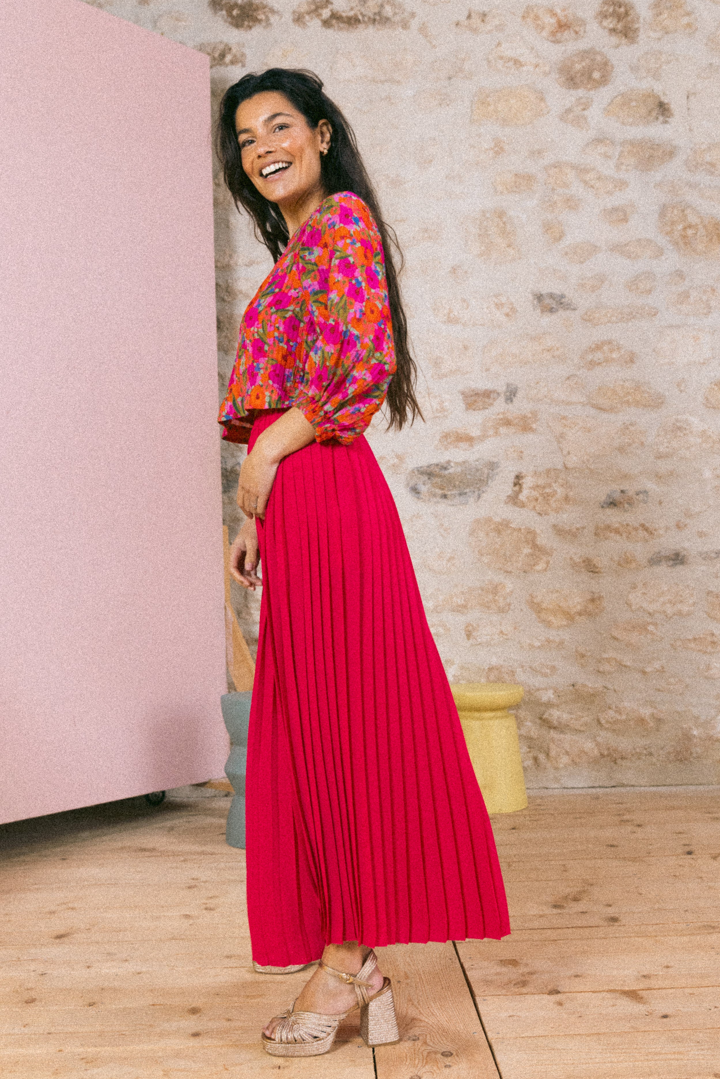 Jupe plissée longue fendue Framboise