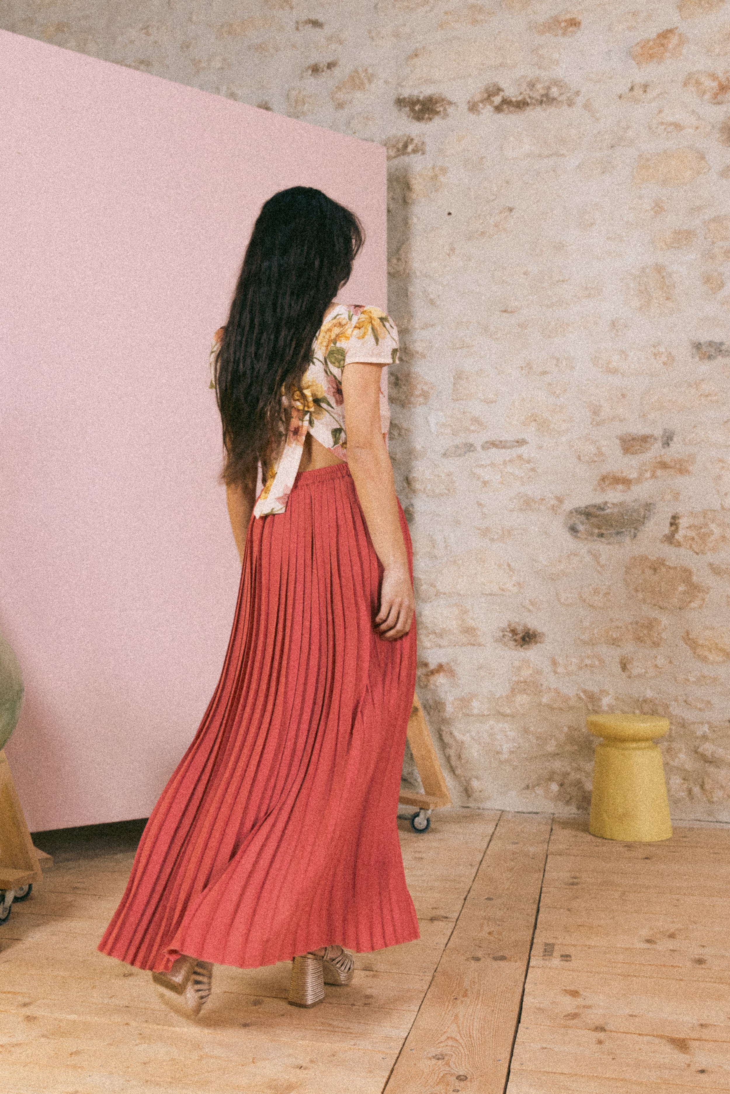 Jupe plissée longue fendue Bois de rose