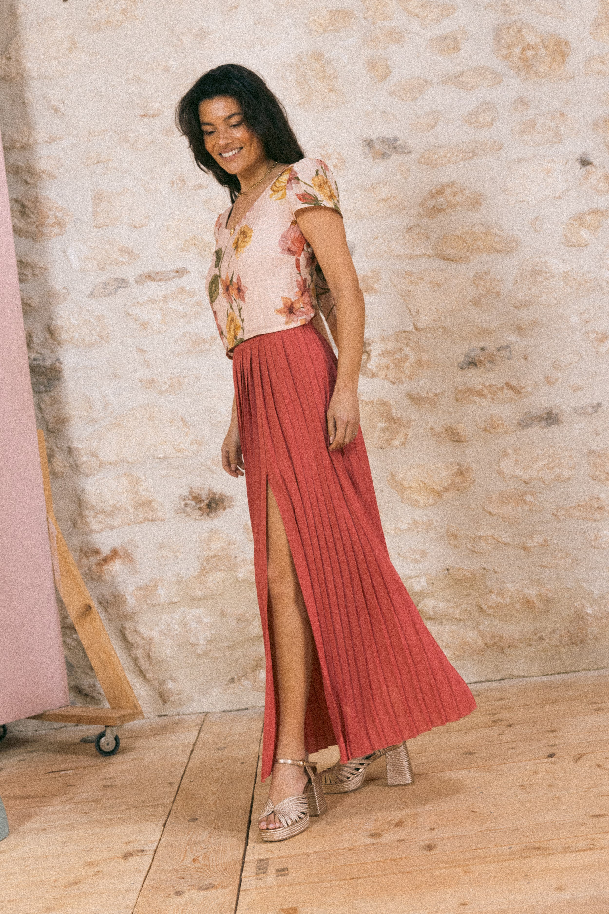 Jupe plissée longue fendue Bois de rose