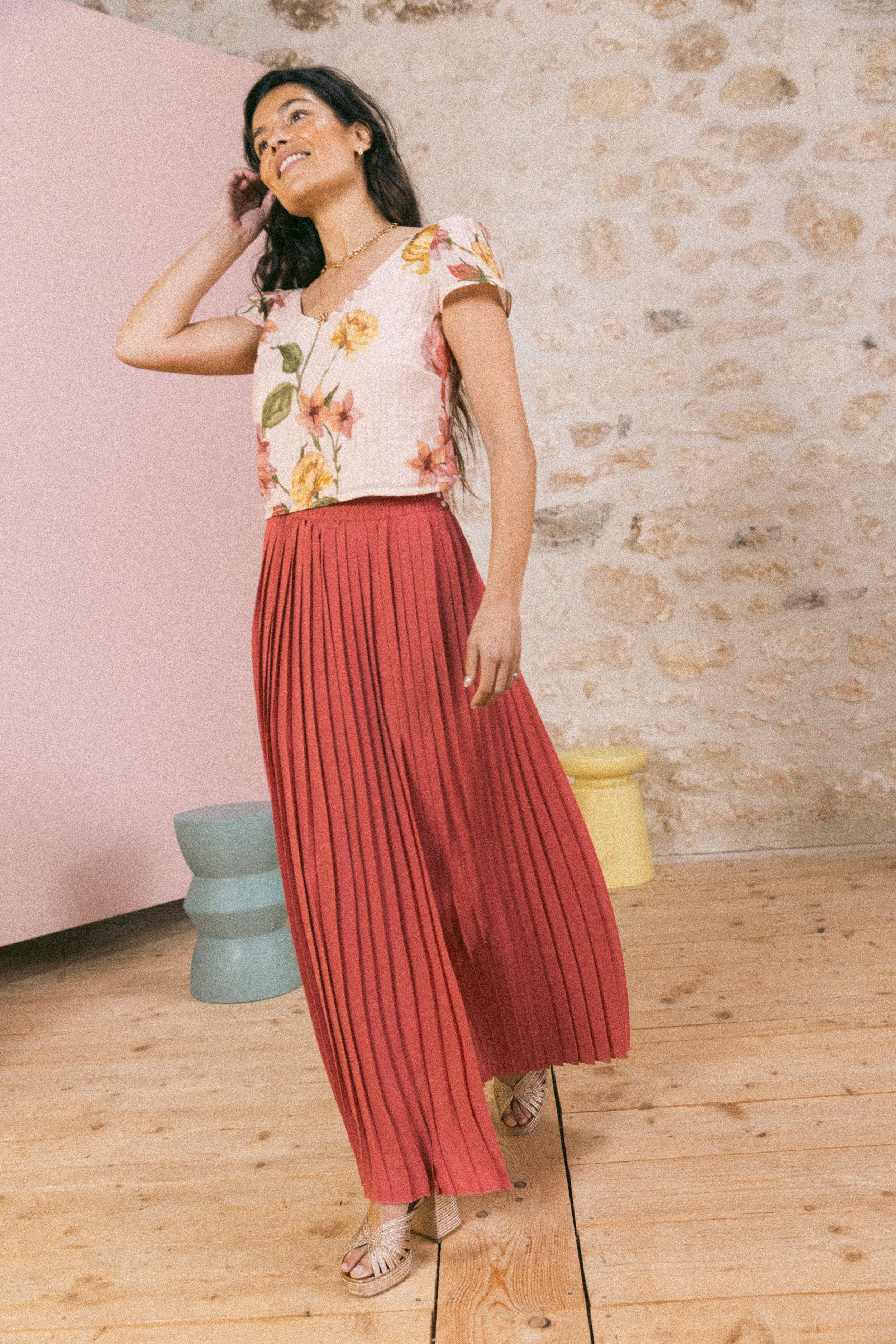 Jupe plissée longue fendue Bois de rose