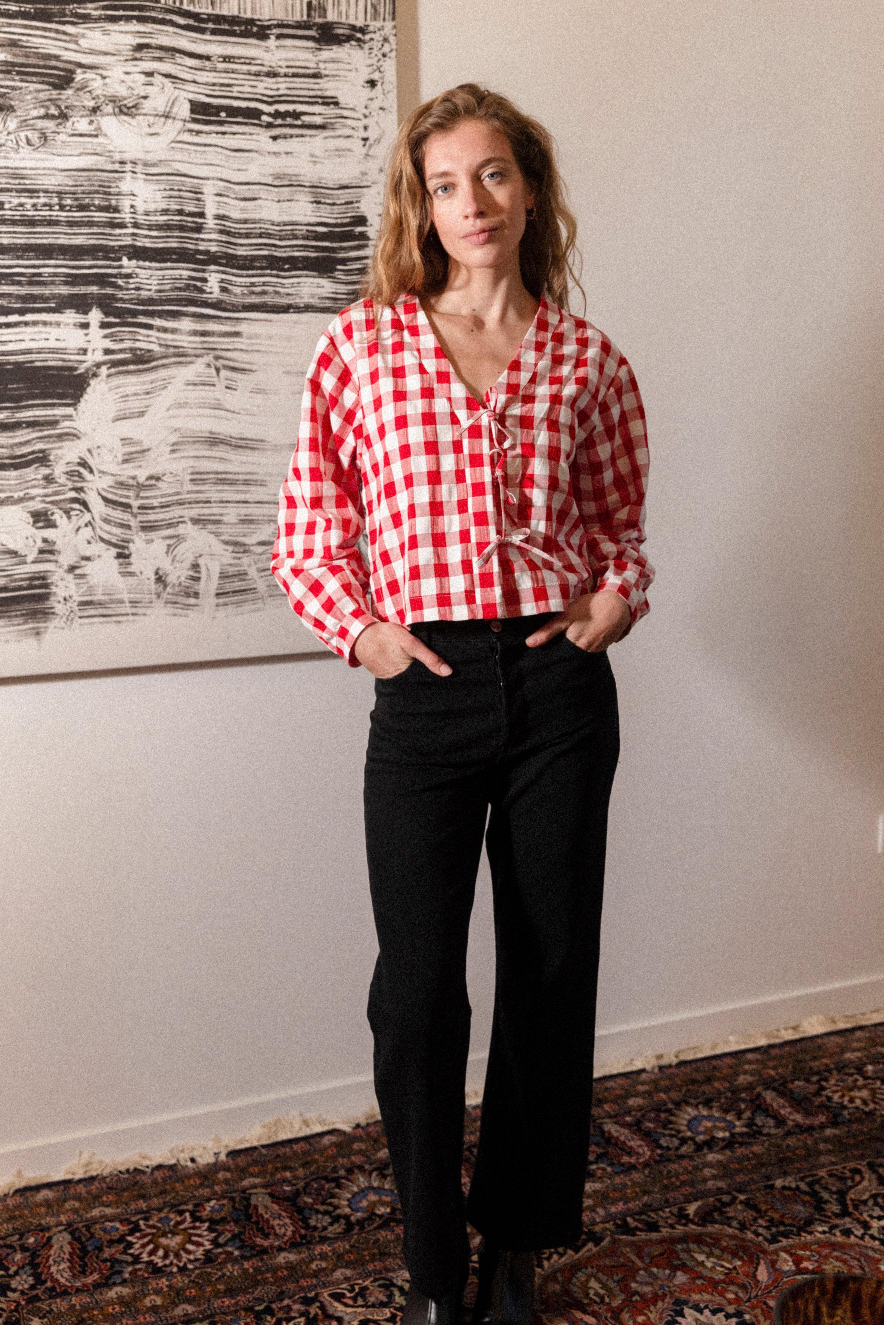 Gingham knotted blouse