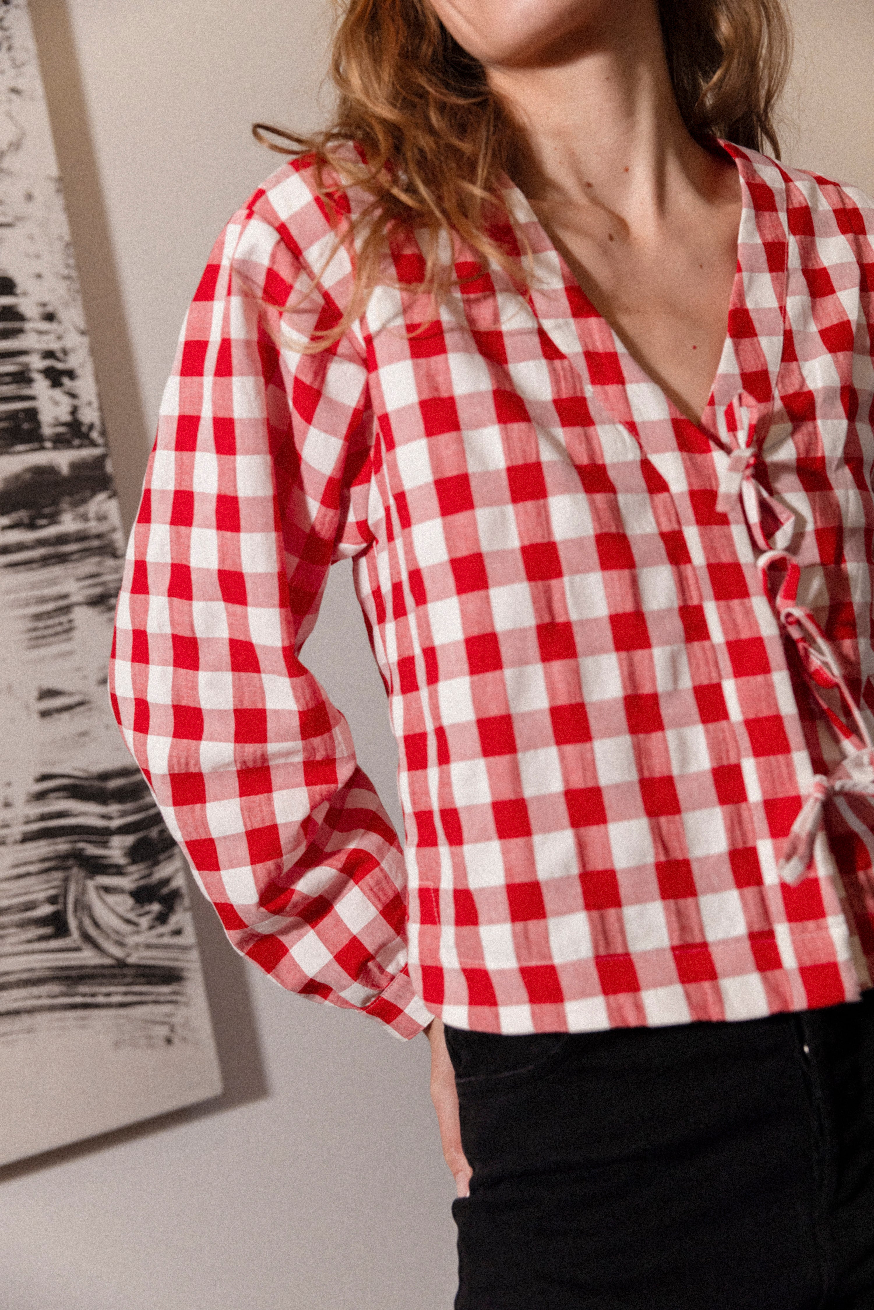 Gingham knotted blouse