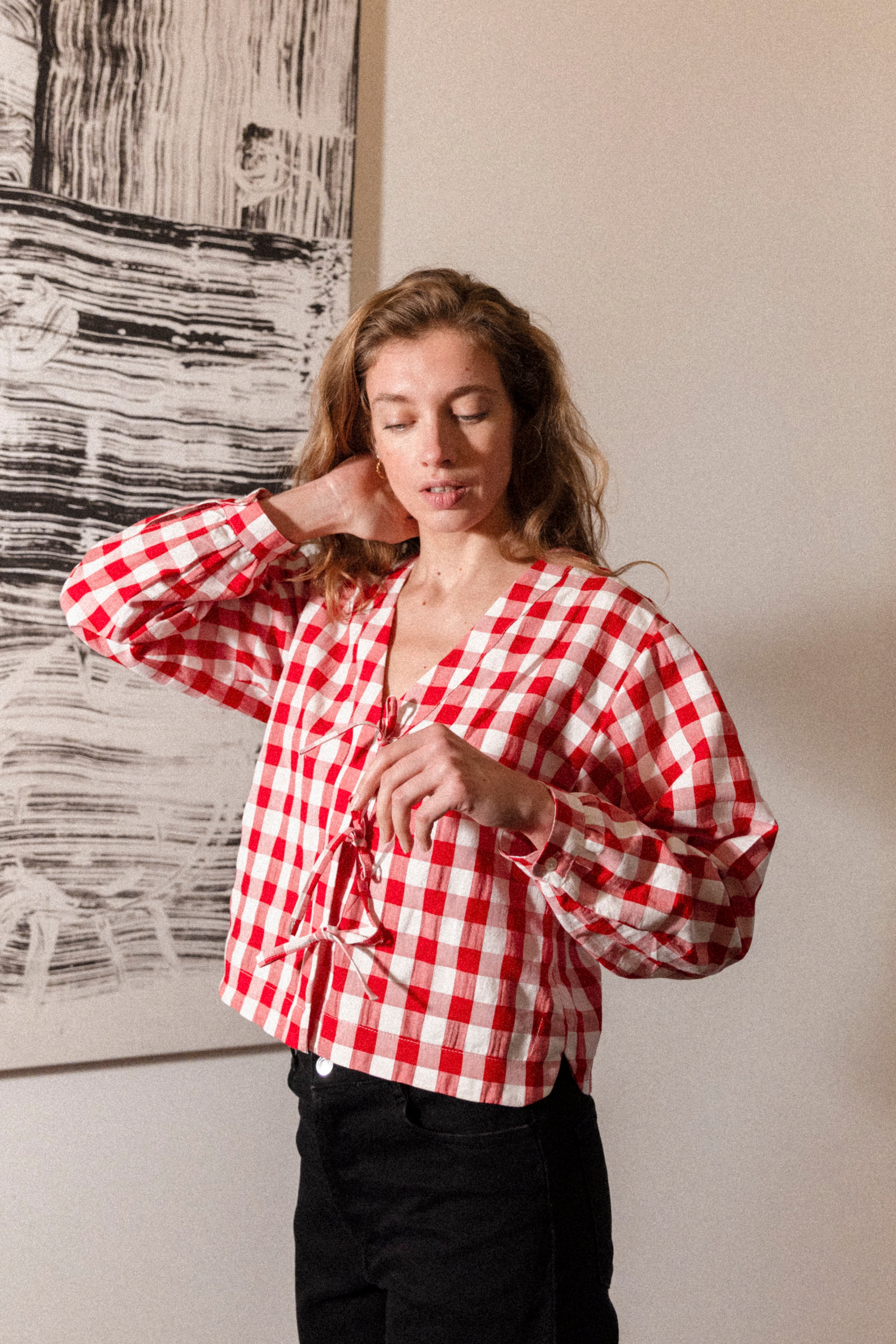 Gingham knotted blouse