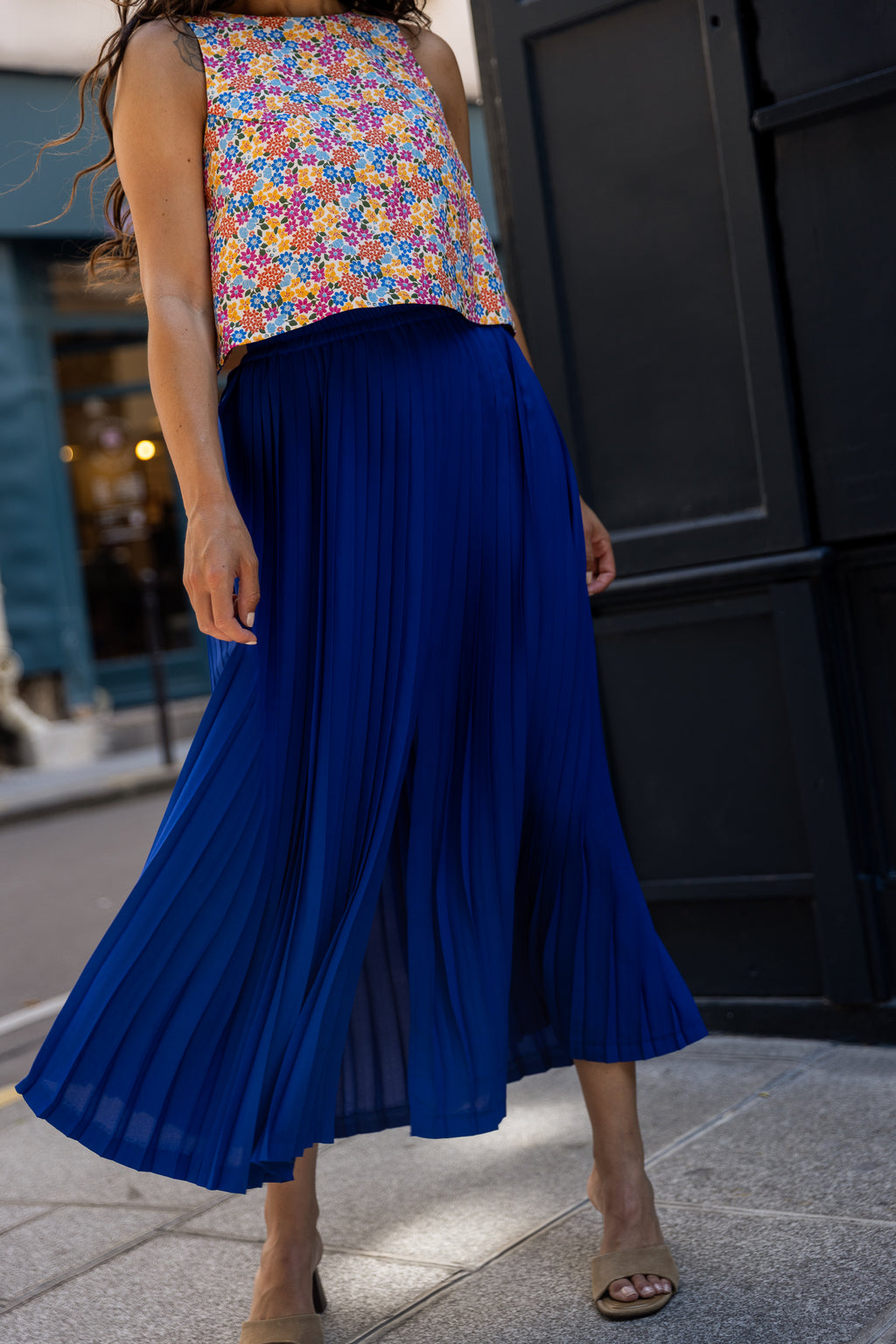 Jupe Plissée longue fendue Bleu électrique