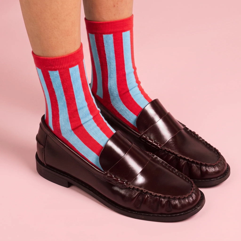 Chaussettes rayées Retro Bellagio | Cerise et bleu glacier