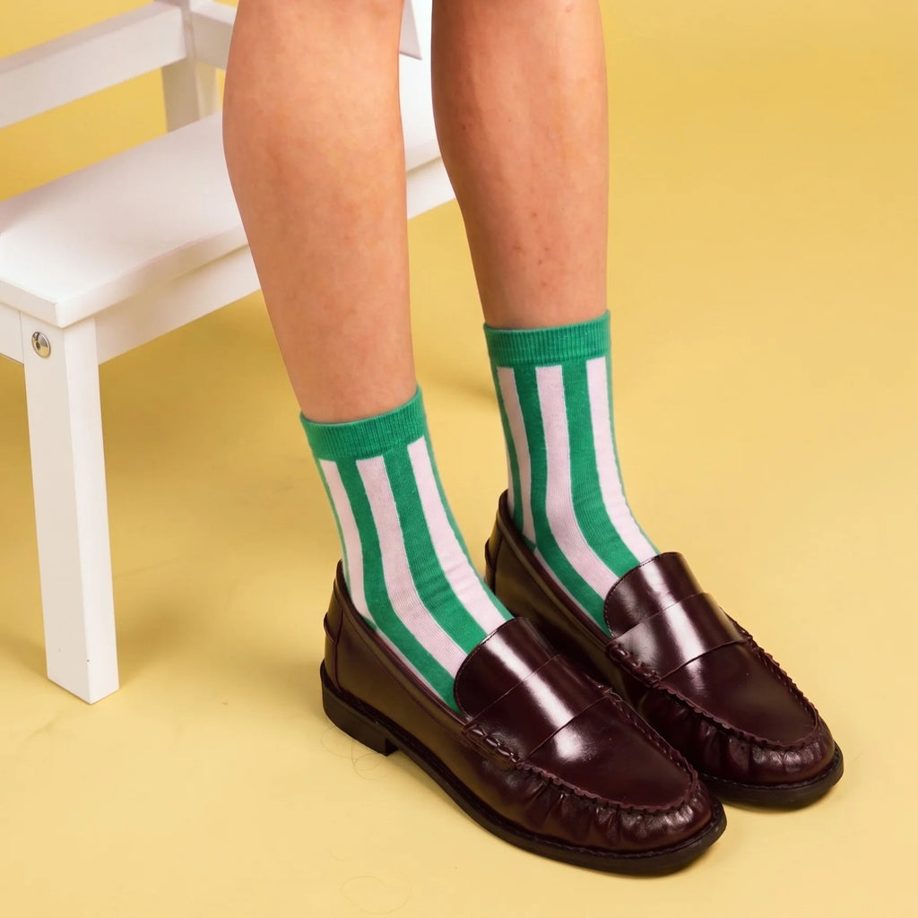 Chaussettes rayées Retro Bellagio | Vert émeraude et rose pale