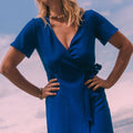 Electric blue guest wrap dress