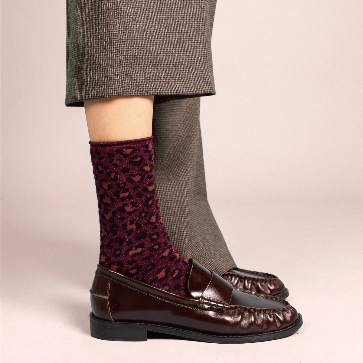 Chaussettes en Lurex à paillettes | Léopard bordeaux