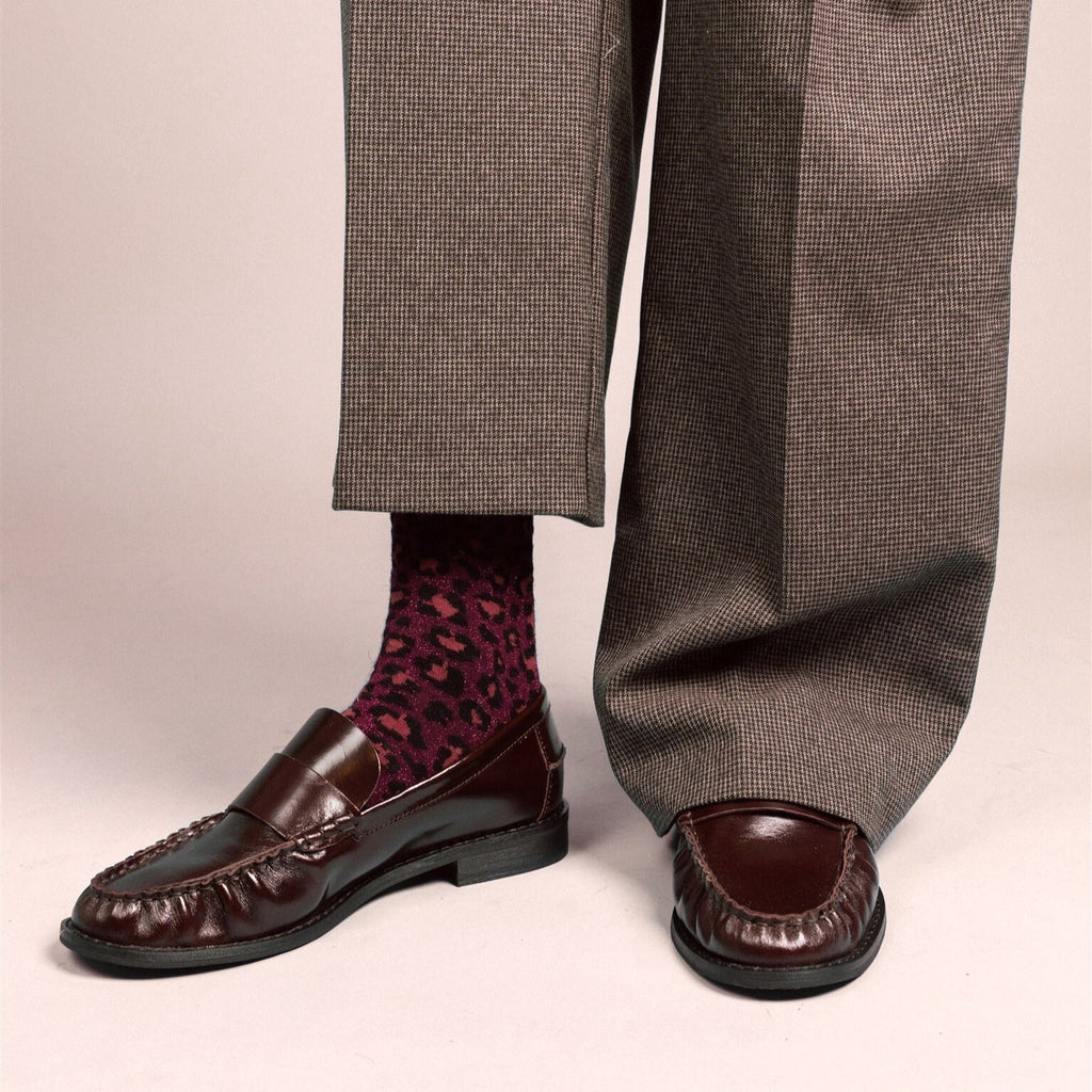 Chaussettes en Lurex à paillettes | Léopard bordeaux